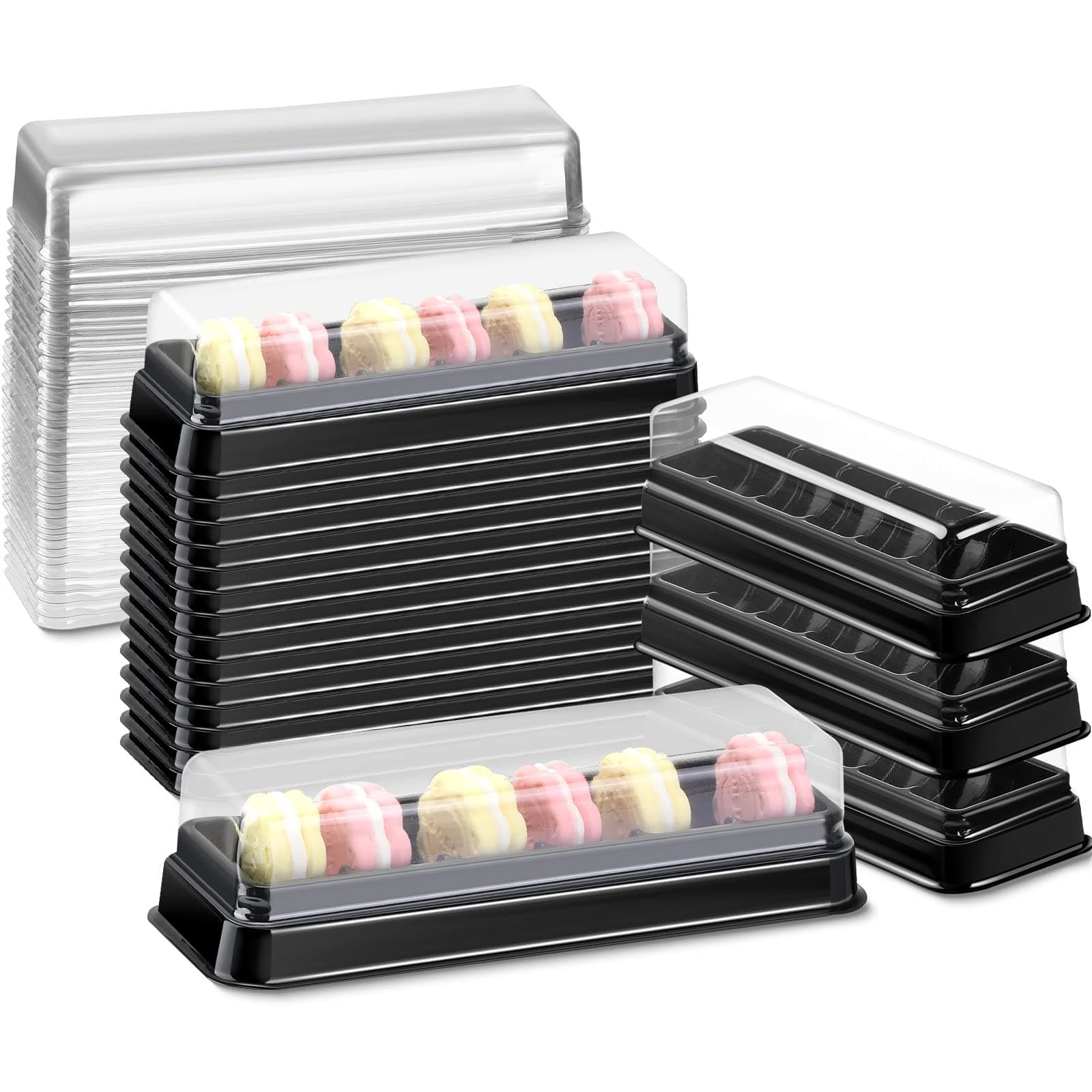 Remerry 100 Pcs Macaron Boxes with Clear Lids Bulk Macaroon Container Macaroon Packaging Boxes with 6 Grid Christmas Party Favors for Baby shower Wedding Bakery, 7.6 x 2.8 x 1.9 Inches