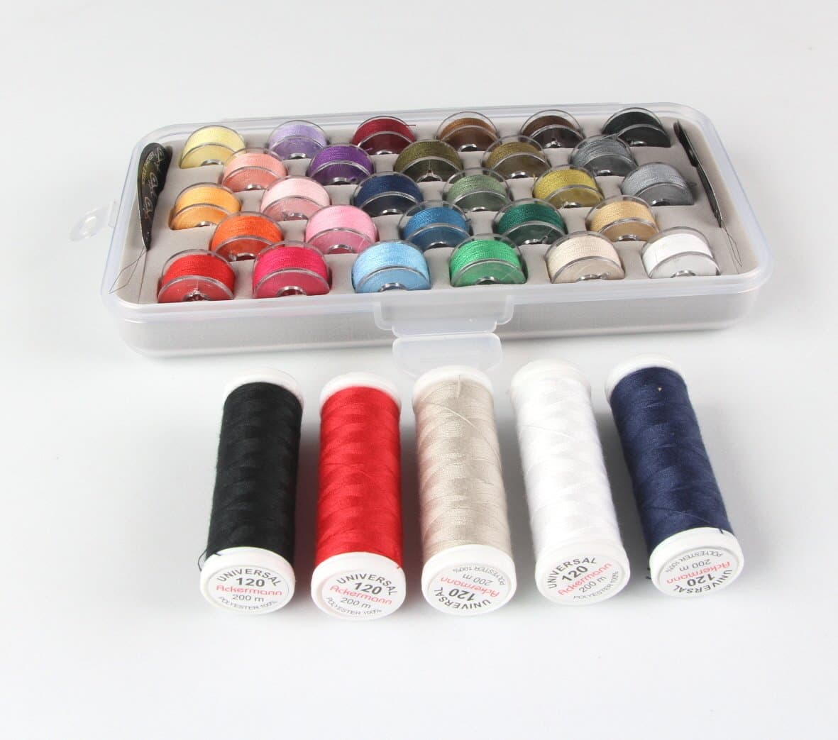 Ackermann Sewing Thread 5 x 200 m (Multicoloured) + 28x CB-spools in Box (11.5 mm high, 20.4 mm Wide) Suitable for The Following Sewing Machines: Brother, Singer, JANOME, JUKI, SILVERCREST, Bernette
