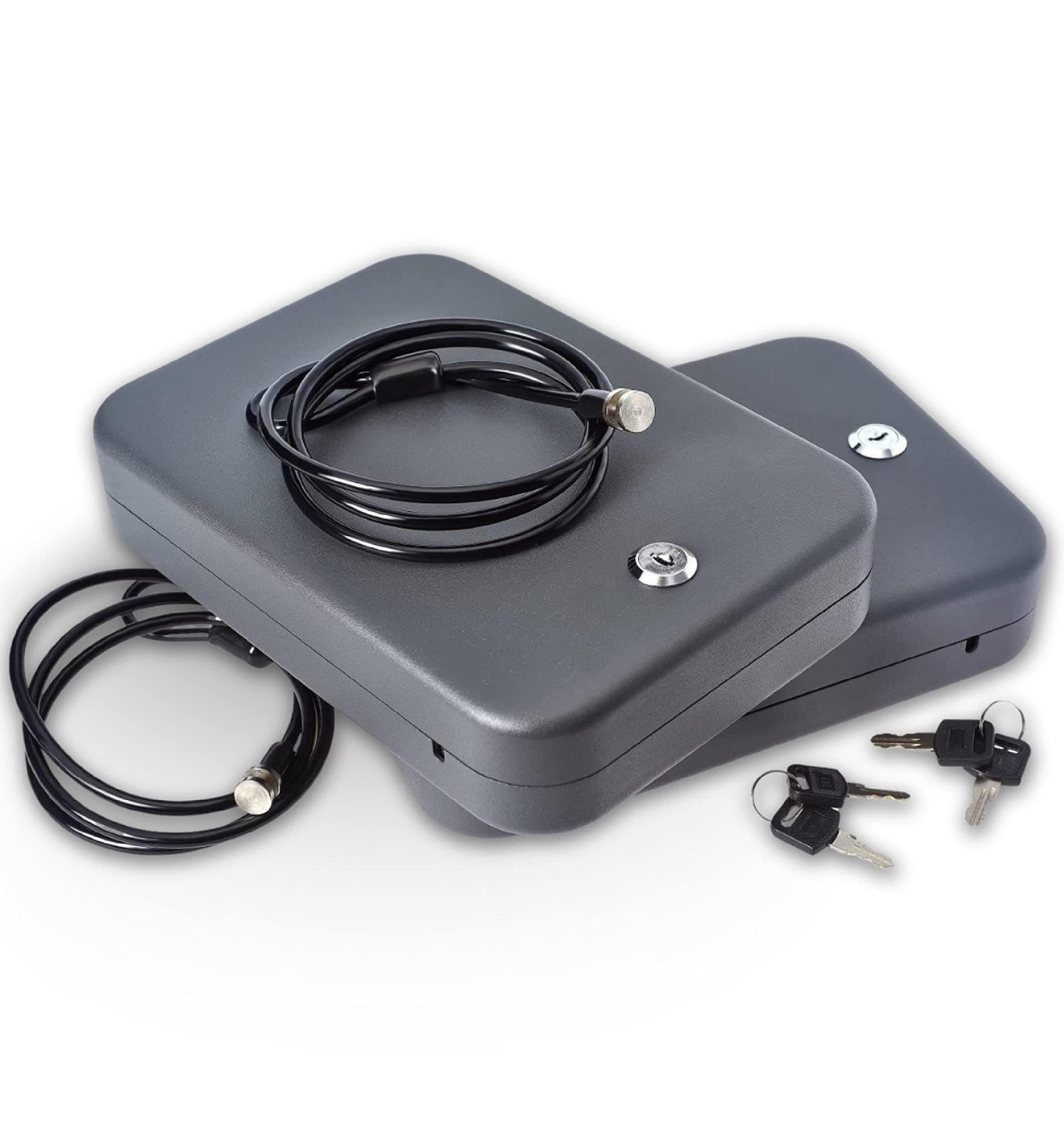 Portable Lock Box for Guns and Valuables, 2 Pack - Includes 2 Lock Boxes (Keyed Alike), 4 Keys and 1500 Pound Patented Security Cable - Thick 16-Gauge Steel - An Ideal Car Gun Safe
