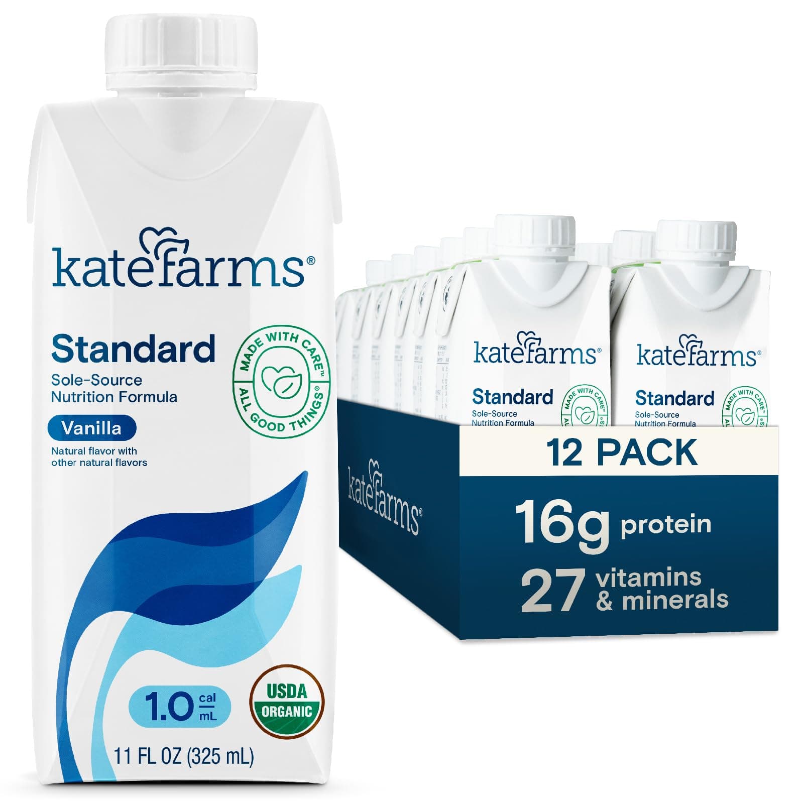 KATE FARMS Organic 1.0 Vanilla Nutrition Shake, 16g protein, 27 Vitamins and Minerals, Meal Replacement Shake 11 oz (12 Pack)