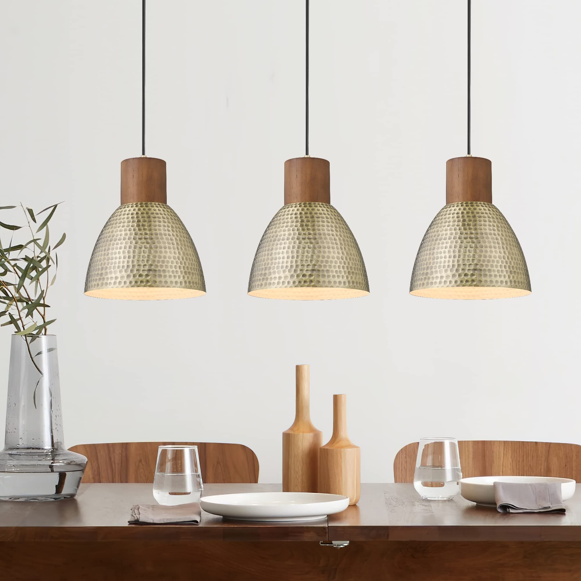 ELYONA Hammered Pendant Lights for Kitchen Island, 7” Solid Wood Vintage Metal Hanging Light Fixture Adjustable Height Antique Gold Pendant Lamp for Farmhouse, Dining Room, Brushed Brass, 3 Pack Small