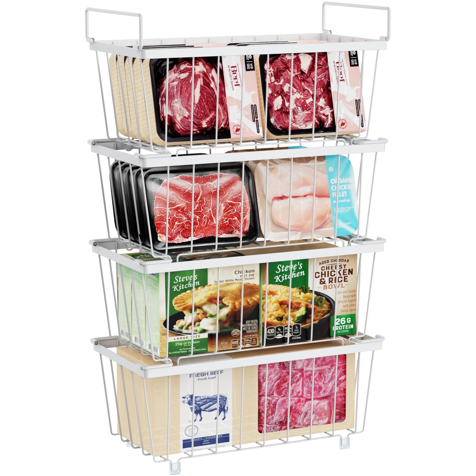 iSPECLE Chest Freezer Organizer - 4 Pack Stackable Freezer Organizer Bins for Most 7 Cu.FT Freezer Sort Frozen Meats, Deep Freezer Organizer Bins with Handle Add Space Easy Reach, White