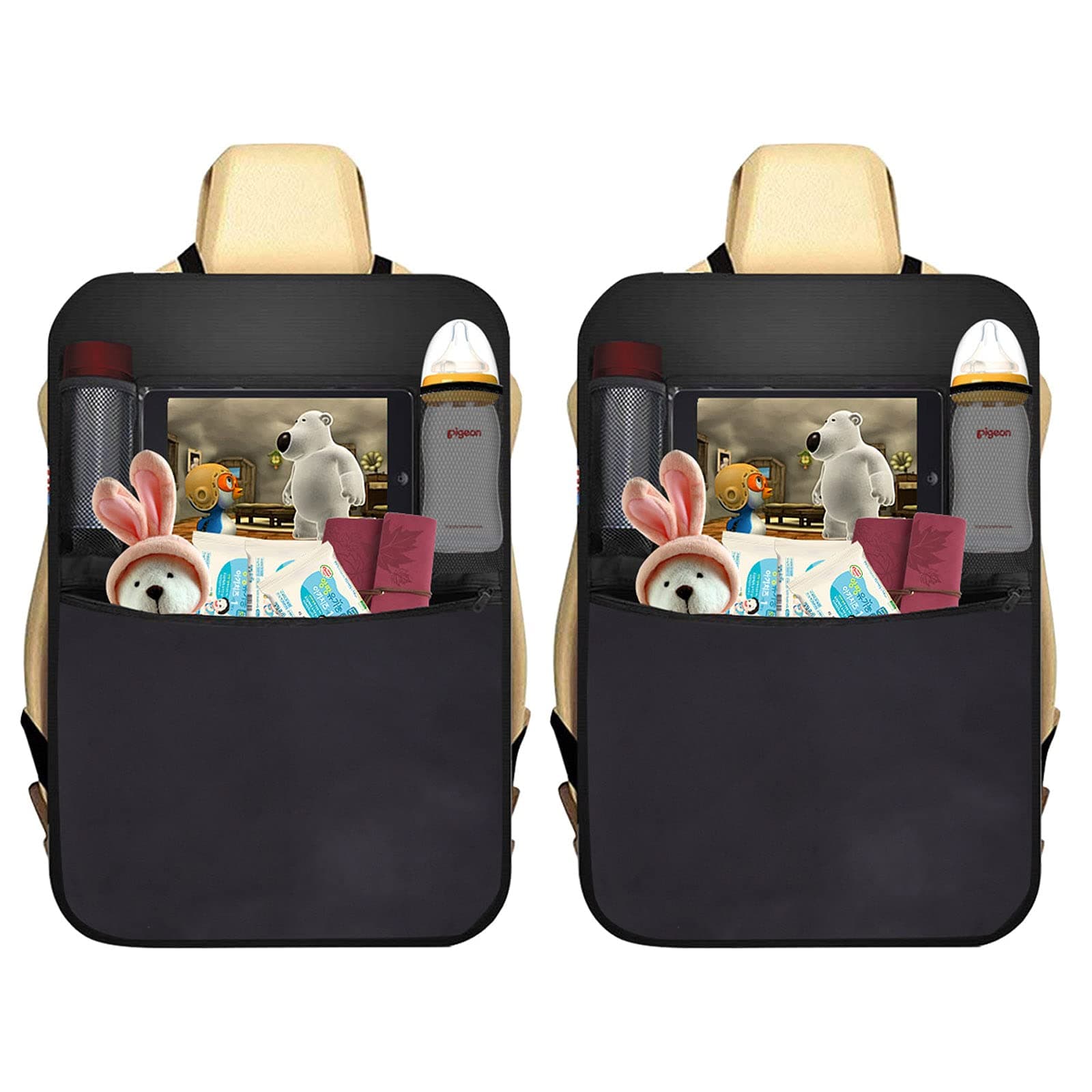 AUTOARK 2 Pack Car Kick Mat Protector 4 Pockets Seat Back Organizer + 1 Free Tissue Boxes,Waterproof,Multi-Pocket Travel Storage Bag,AK-084