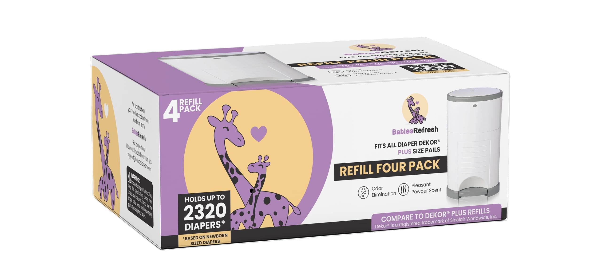 - Refills Compatible with DEKOR PLUS Diaper Pail Refills | 4 Pack | Diaper Pail Odor Eliminator| Fresh Powder Scent | Each Diaper Bag Refill Holds up to 2320 Diapers | Diaper bin refill