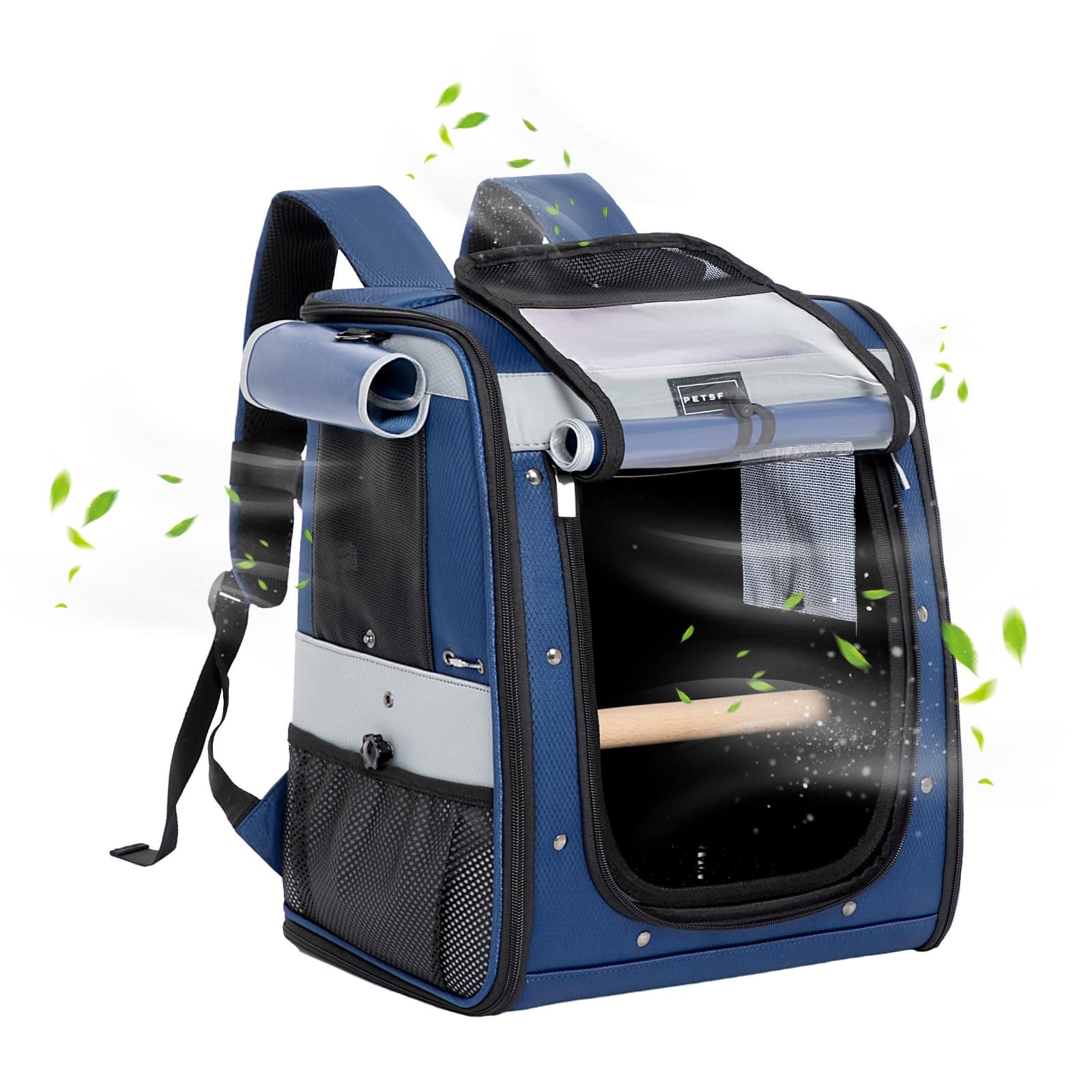 Bird Carrier with Anti-Pecking Band,Bird Backpack Carrier with 2 Level Height to Adjust Standing Perch and Shade Cover Blue