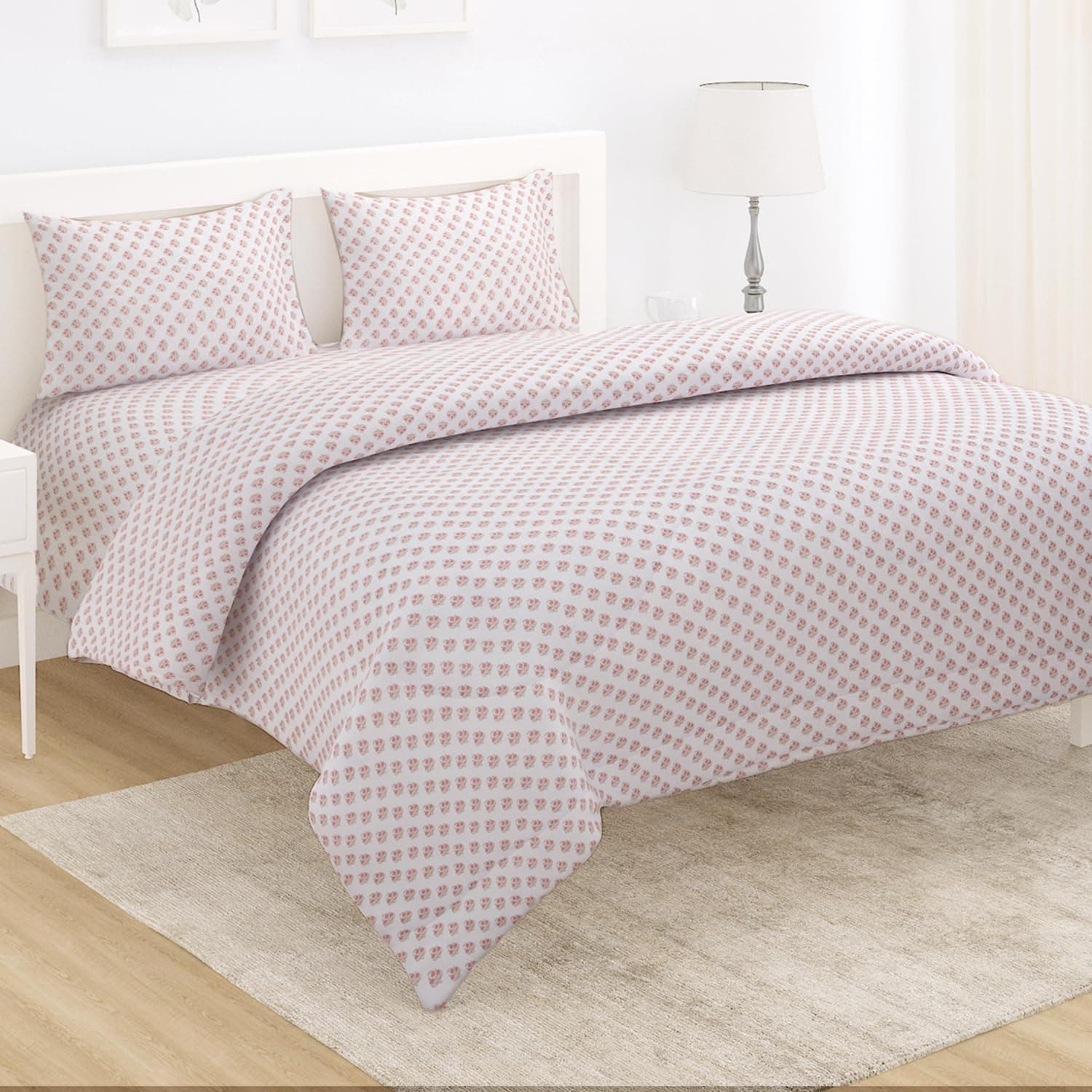 Polyester Quilt Comforter Bedding Set, 220 Gsm, Ac Blanket, Reversible Microfibre Duvet Double Bed Size With 1 Bedsheet And 2 Pillow Cover (In-564-D3), White