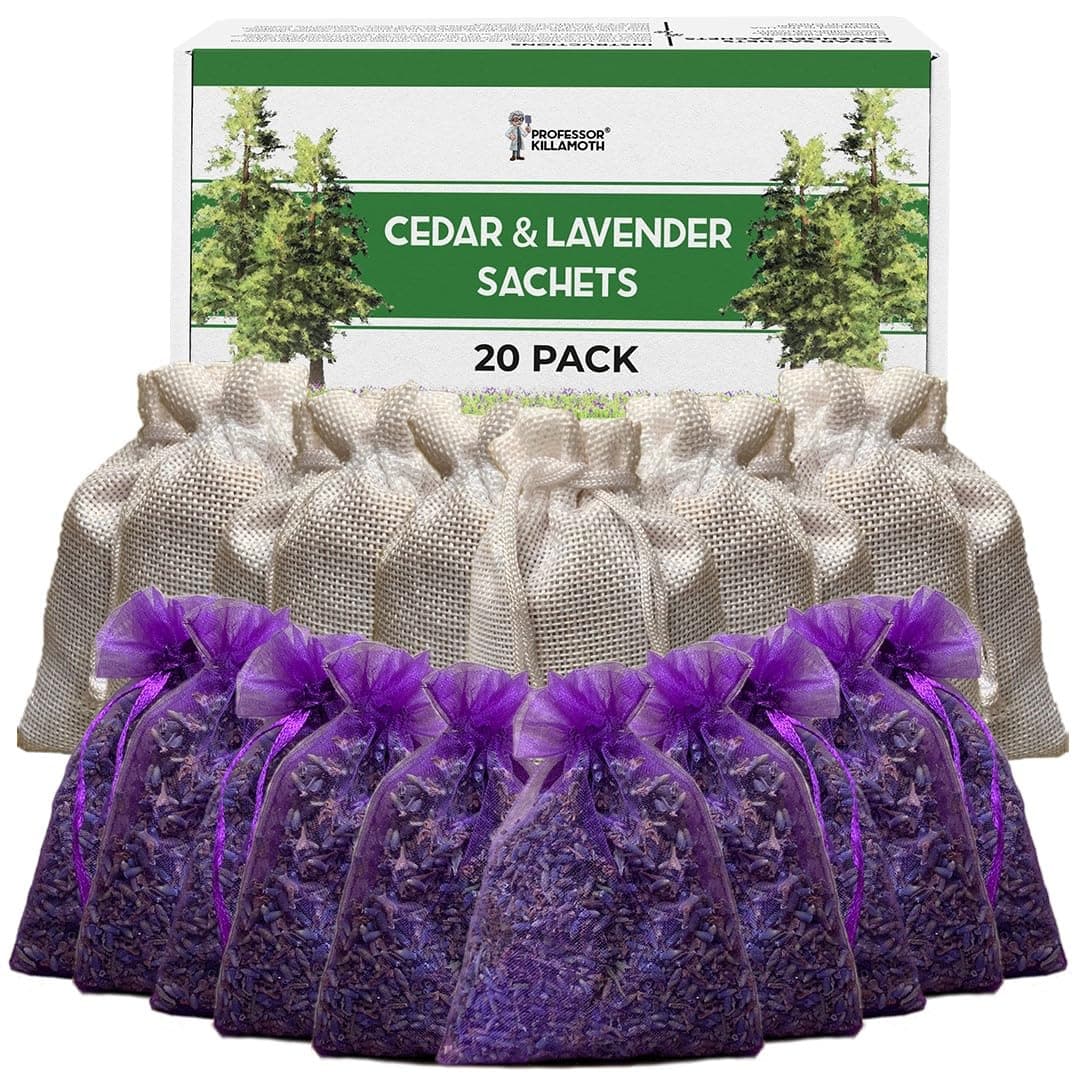 Professor Killamoth Cedar Chips and Lavender Sachets (20 Pack) - Stop Clothes Damage - Cedar and Lavendar Home Fragrance Sachets for Drawers and Closets