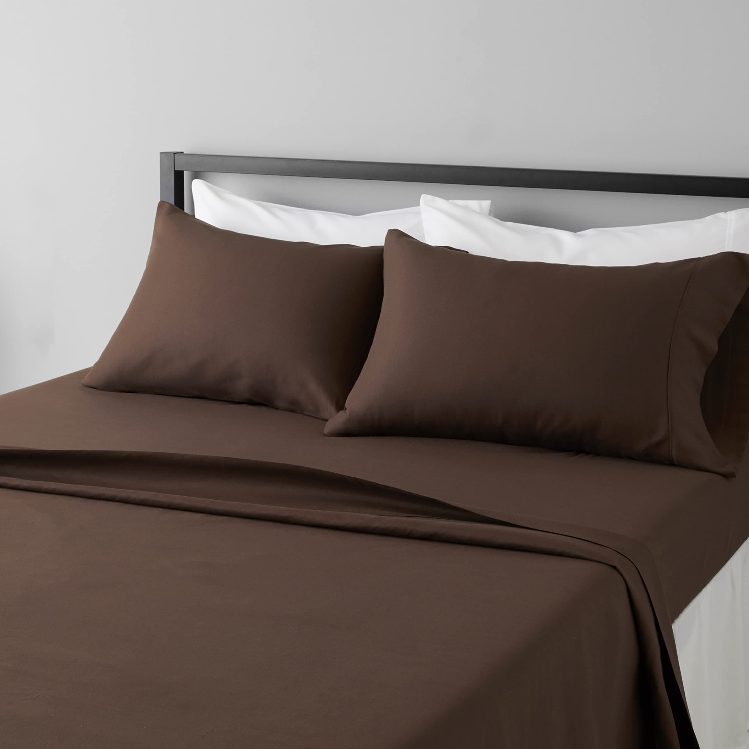- Amazon Basics Lightweight Super Soft, Breathable, Wrinkle-Free Microfiber 4 Piece Bed Sheet Set with 14-Inch Deep Pockets, Queen, Chocolate, Solid