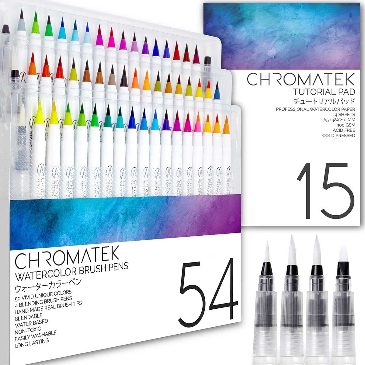 CHROMATEK Watercolour Brush Pen Set 54, Tutorial Pad and Online Video Tutorial Series Real Brush Tip. Vivid. Smooth. Blendable. 50 Colors, 4 Blending Brushes Set.