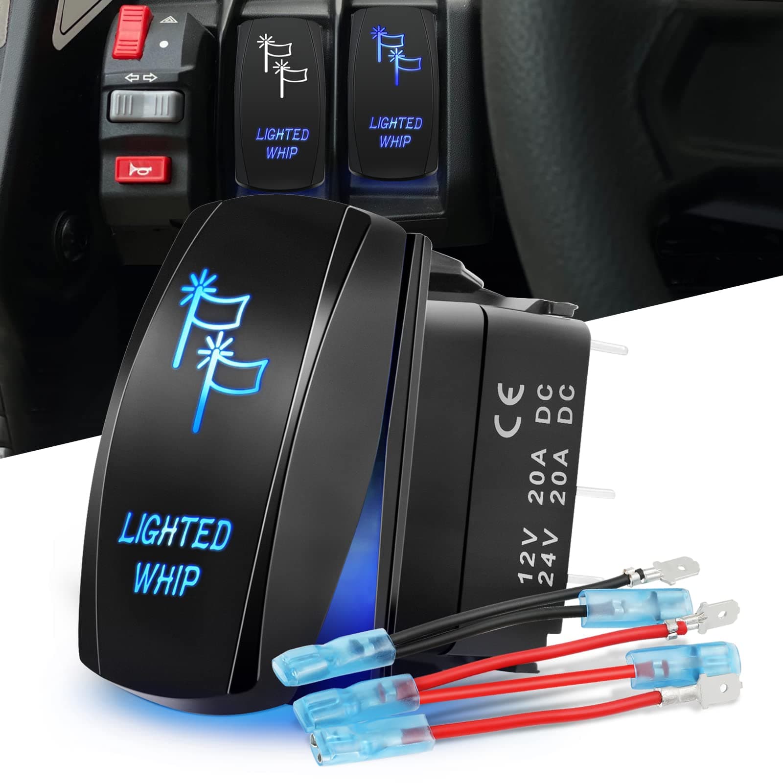 Nirider Light Whip Rocker Switch Blue 5Pin On/Off Light Bar Toggle Switch with Jumper Wires Waterproof Lighted Antenna LED Whip Light Switch for UTV Side by Side RZR ATV Golf Cart Truck