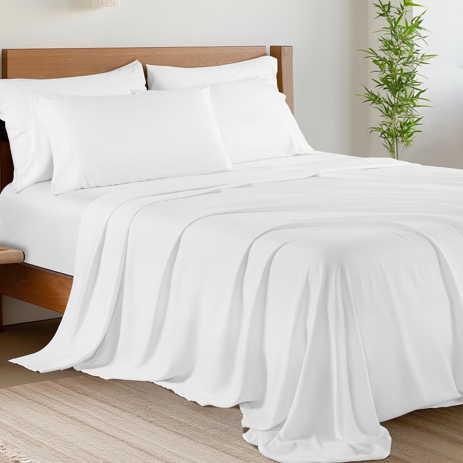 Bamboo 6-Piece King Size Bed Sheets Set 1800 Thread Count 16 Inch Deep Pockets Cool Eco Friendly Soft and Comforterble Wrinkle Fade and Hypoallergenic (King,White)