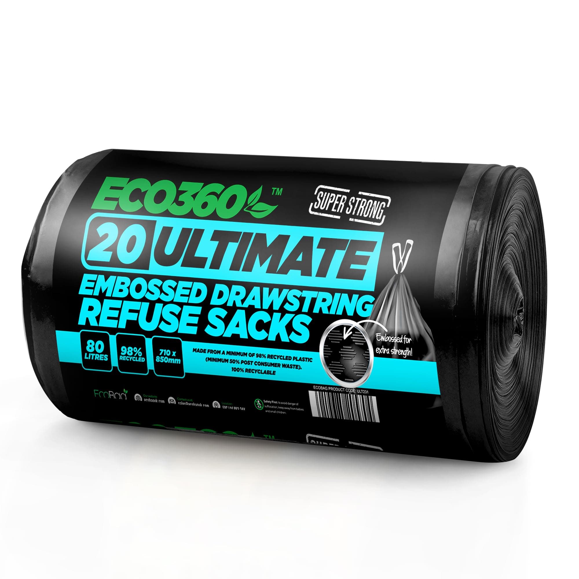 20-Pack Ultimate Embossed Black Drawstring Bin Liner Bin Bag Refuse Sacks Heavy Duty - 80L Capacity | Made from 98% Recycled Material | 100% Recyclable