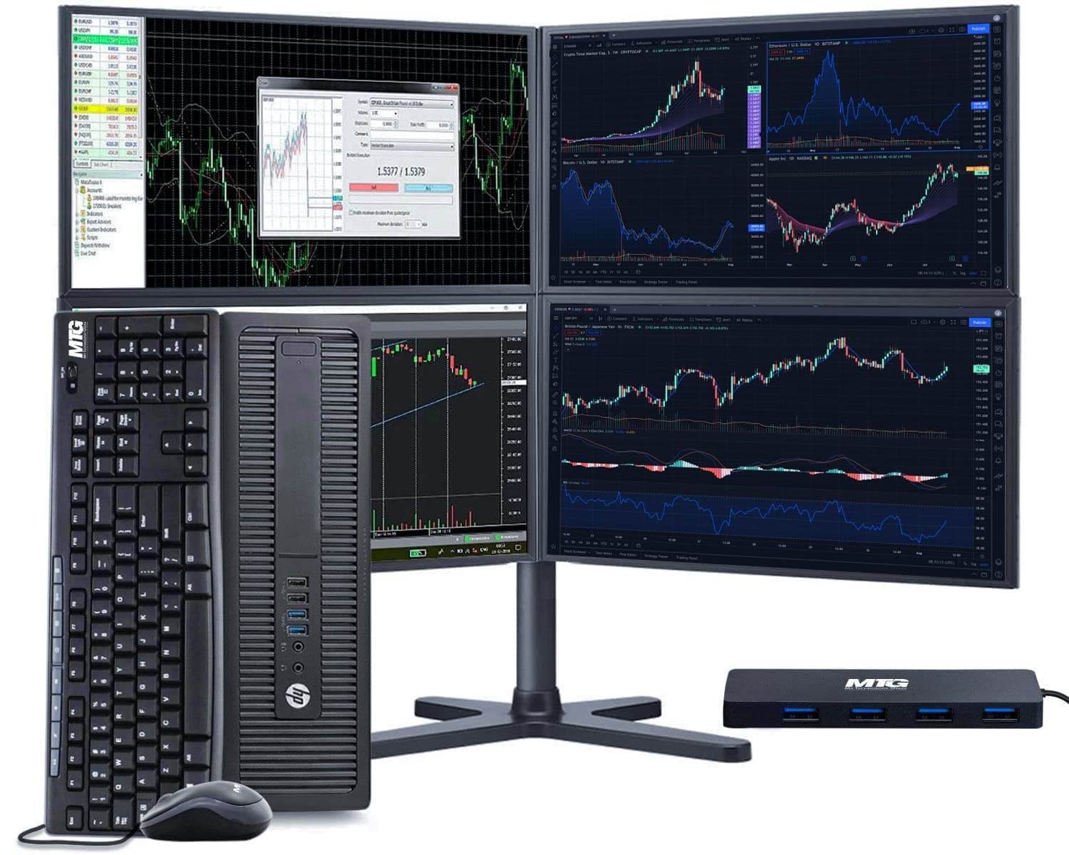 HP Trading Optimized PC Bundle Intel i5 6th Gen, 32GB RAM, 512 GB nvme SSD, 4 New 24” Monitors, 2 Network Cards, Trading Platform Support, MTG 4 in 1 USB HUB, MTG Keyboard Mouse Windows 11 (Renewed)