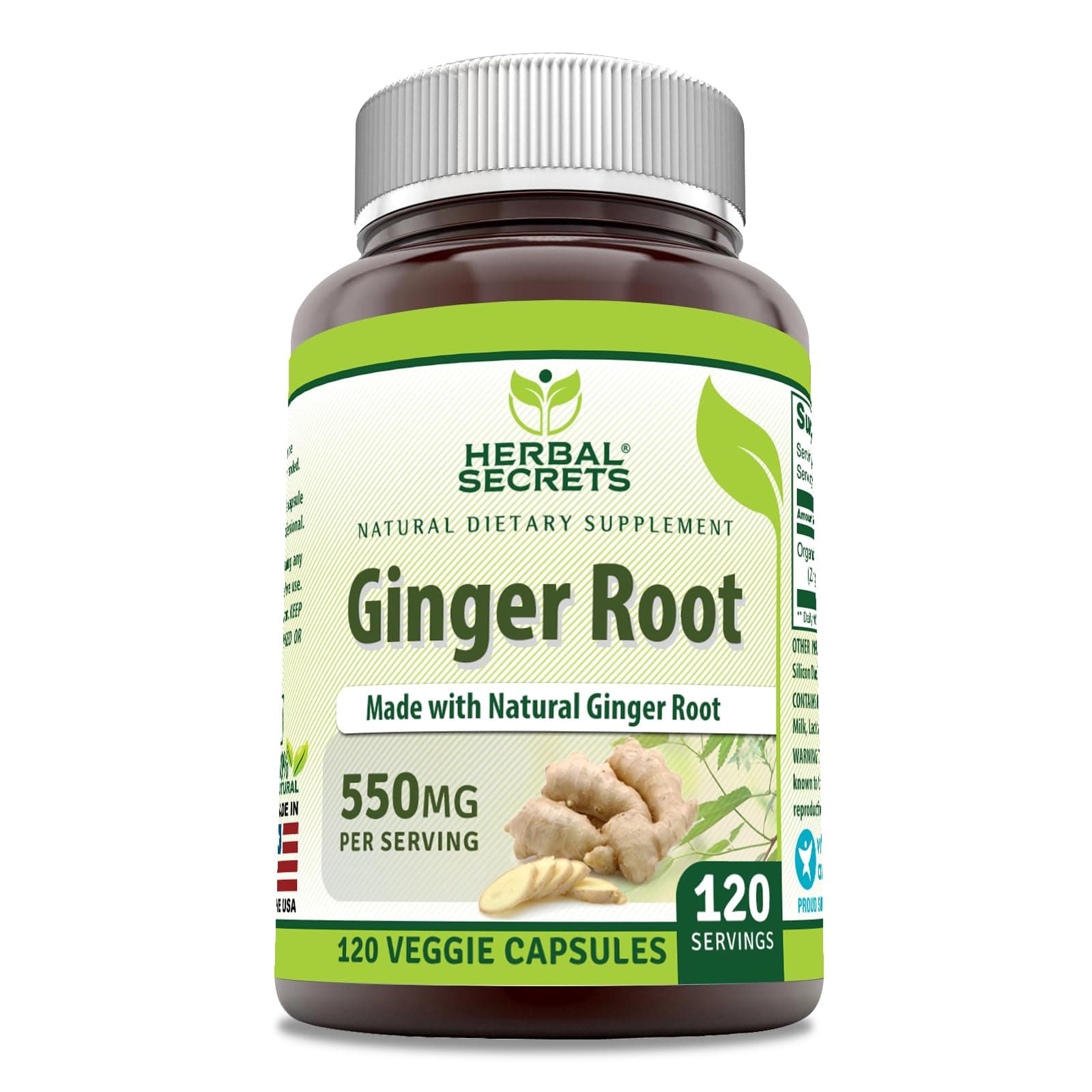 Herbal Secrets Ginger Root Supplement | 550 Mg Per Serving | Veggie Capsules | Non-GMO | Gluten Free | Made in USA (1 Pack, 120 Count)
