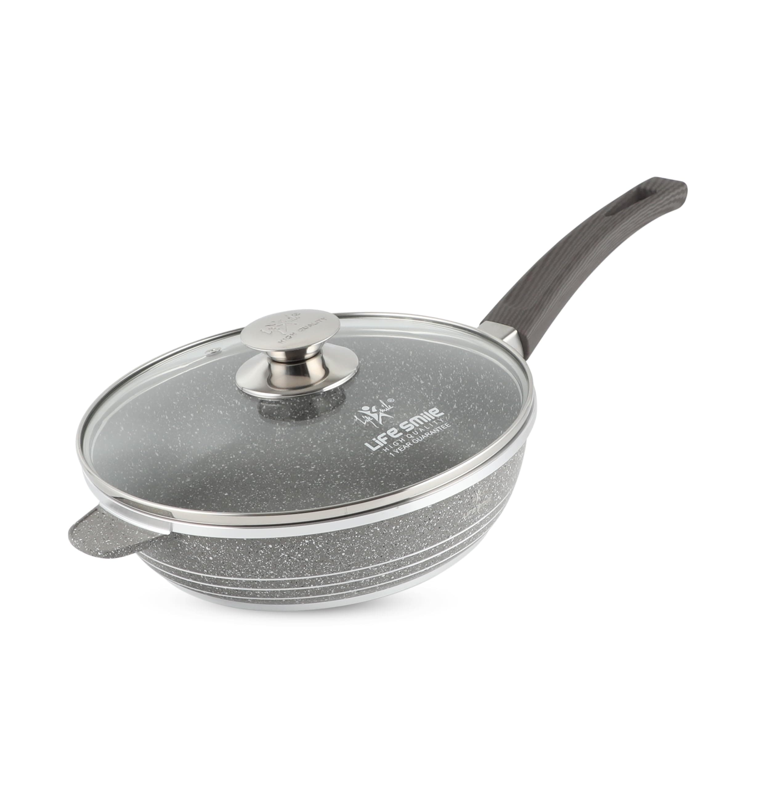 LIFE SMILE Deep Frying Pan With Lid - Multi Layer Granite Coating Fry Pan | Heat-Resistant Handle Hanging Loop | Microwave Safe (24 CM(2.4 Liters), Davy Grey)