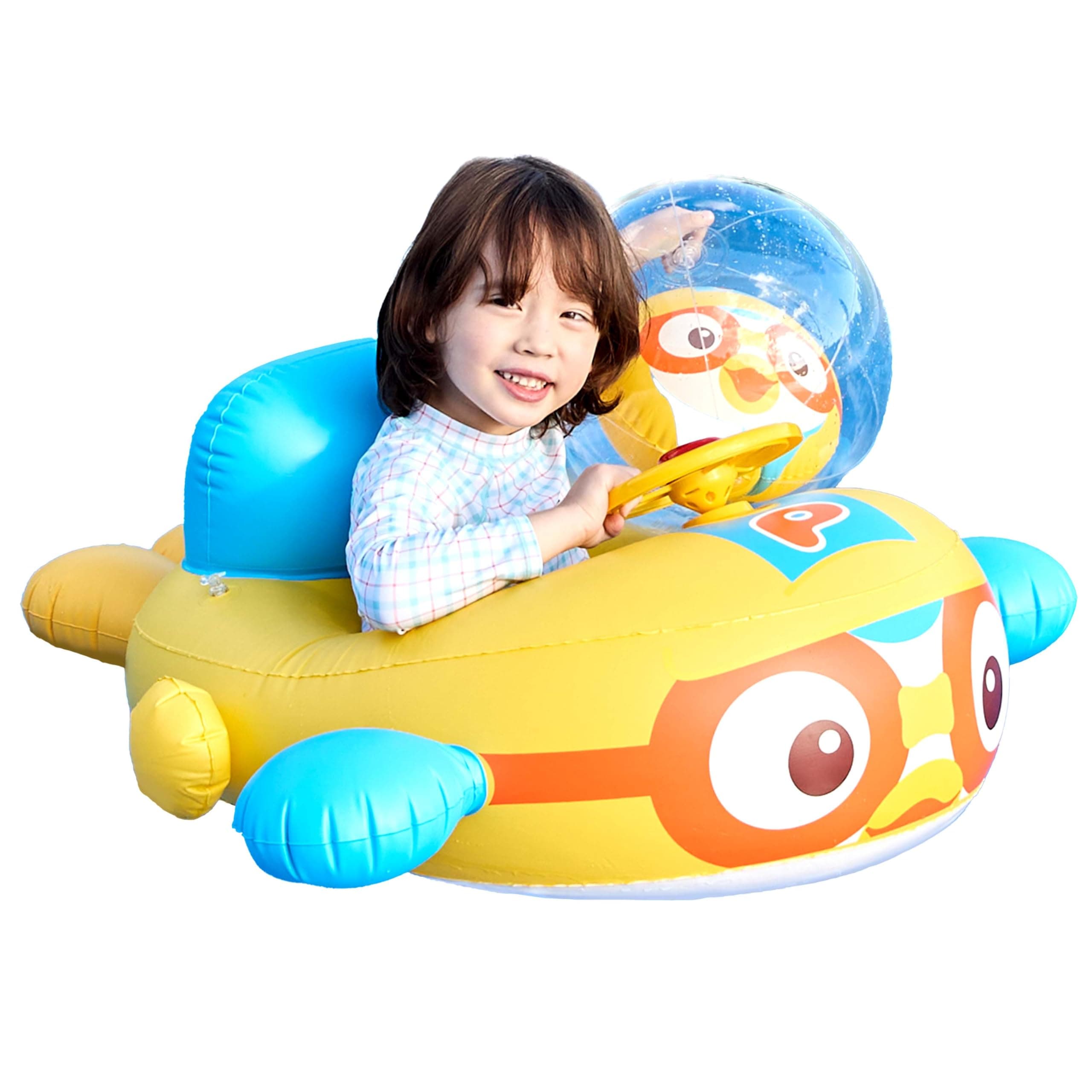 Toddler Float with Detachable Sun Canopy Cover, Foldable for Travel, Pororo Style Airplane Inflatable Swimming Float Tube for Toddlers Boys Girls