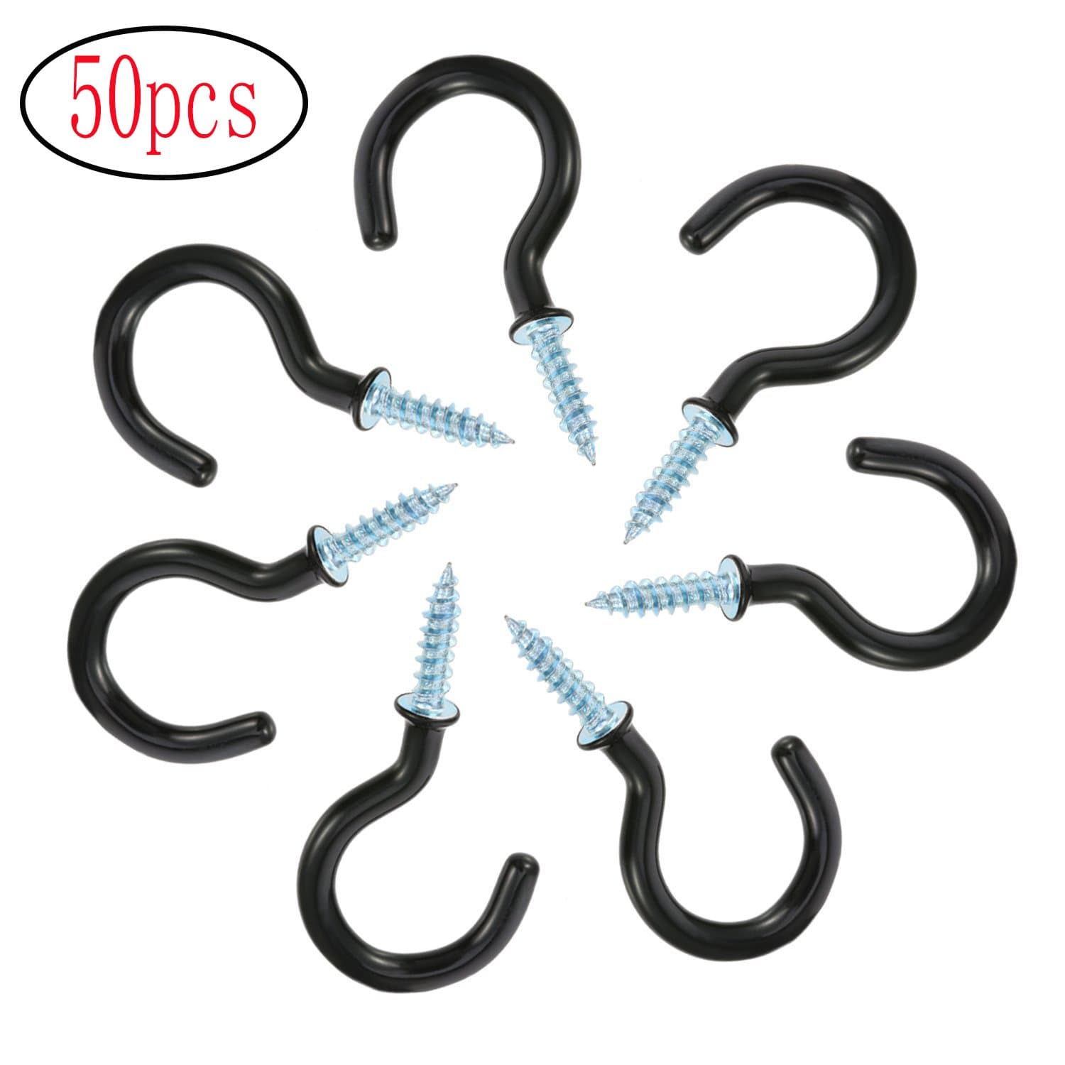 TAIKA 50pcs Cup Hook Ceiling Hooks, 1-1/4 Inches, Vinyl Coated Screw Hanger (Black)