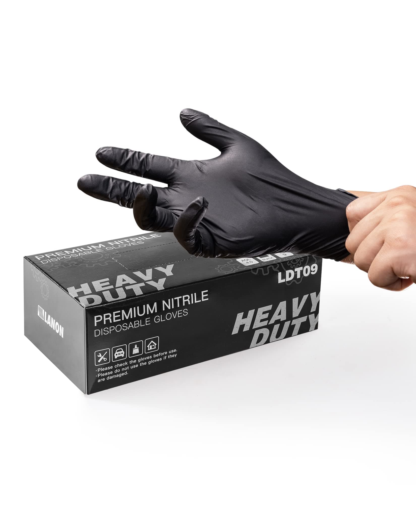LANON 6 mil Black Nitrile Disposable Gloves, 3x Thicker Heavy-Duty Gloves, Food Grade, Powder-Free, Latex-Free, Textured Fingertips, EN 374, Medium(Pack of 100)