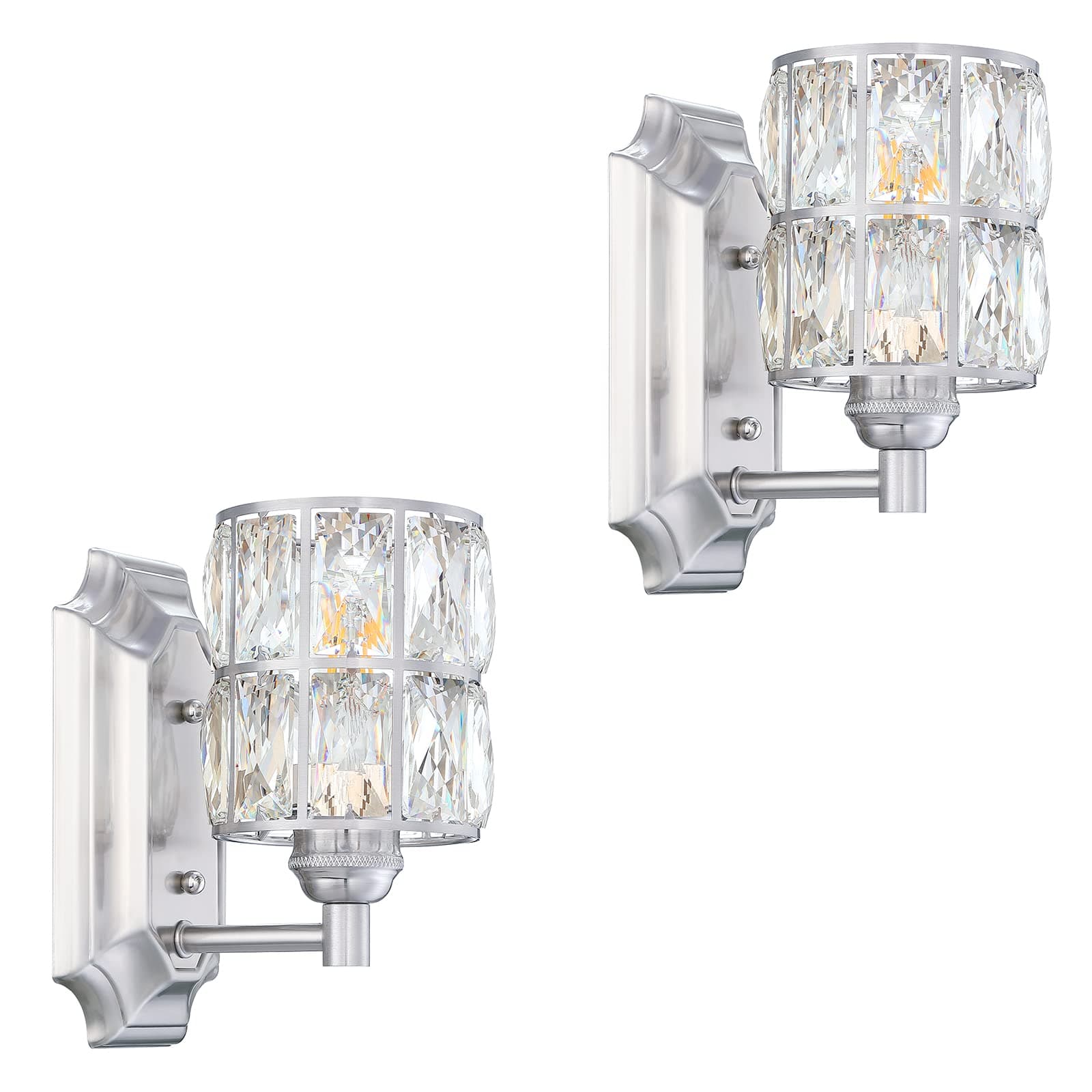2 Pack 1 Light Crystal Wall Sconce Lighting with Brushed Nickel Finish,Modern and Concise Style Wall Light Fixture Polyhedral Crystal Shade for Bathroom, Bedroom Living Room Kitchen Island