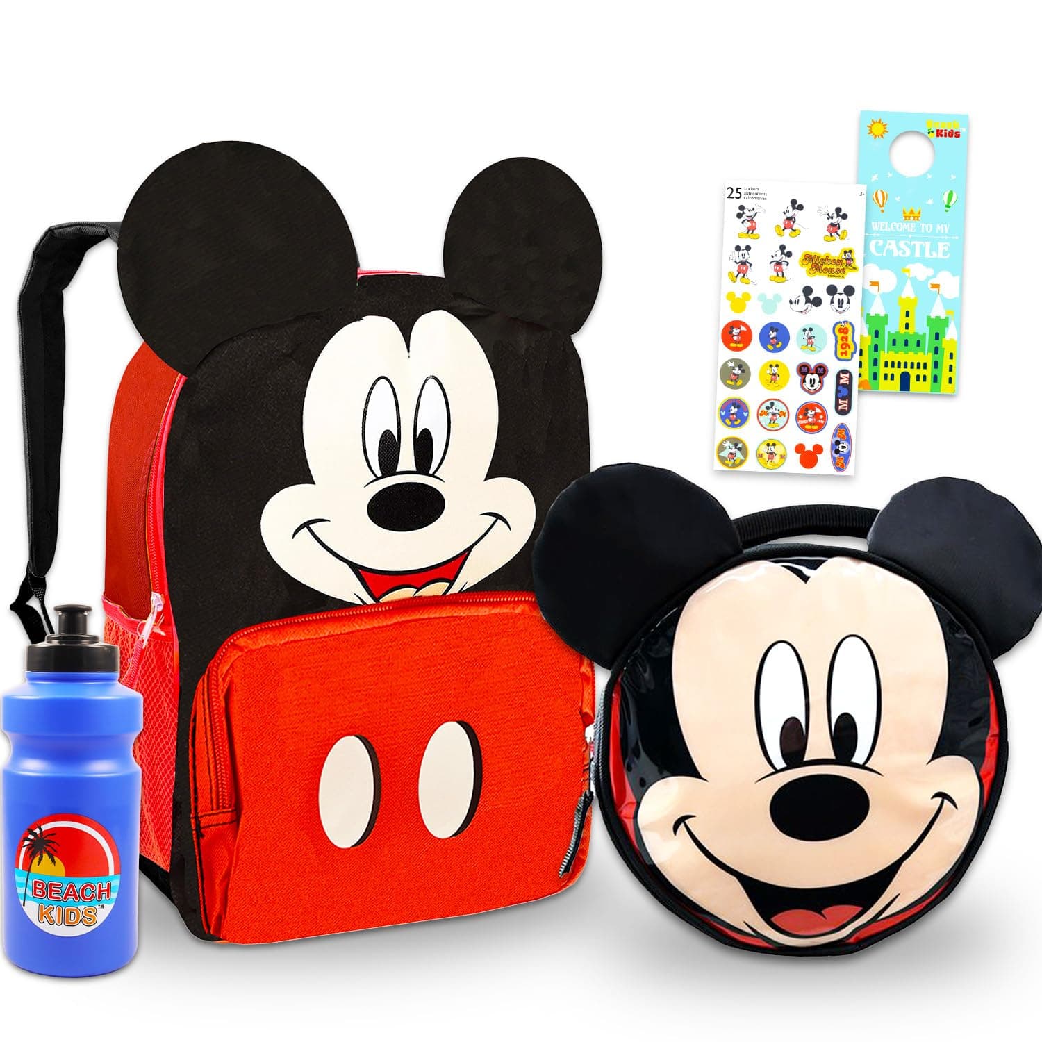Mickey Mouse Mini Backpack with Lunch Box Set - Bundle 12" Mini Backpack, Lunch Bag, Stickers, Water Bottle, More | Toddler Mickey Mouse School Bag and Lunchbox