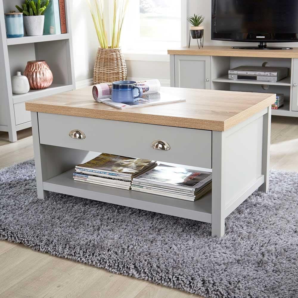 Home Source 2 Drawer Occasional Coffee Table, Oak Effect, Grey