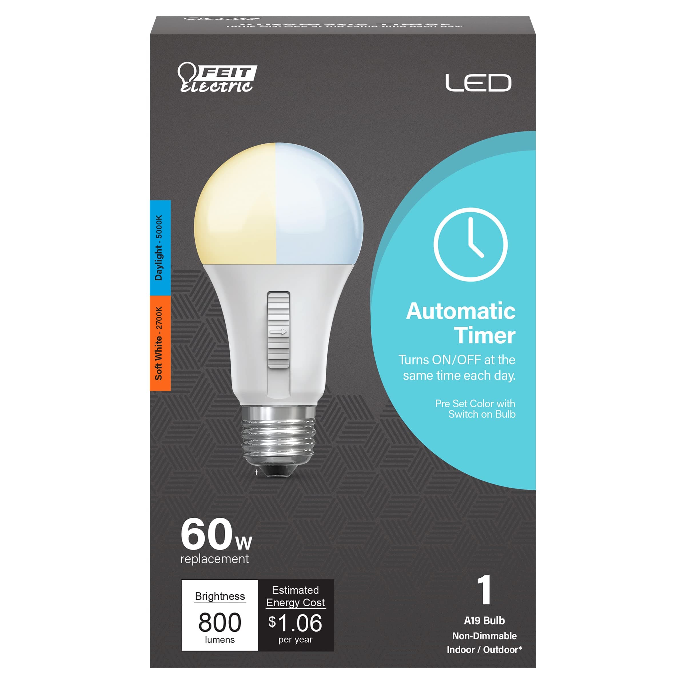Feit Electric LED Color Selectable Timer Intellibulb - A19 with an E26 Medium Base Light Bulb - 60W Equivalent - 15 Year Life - 800 Lumen - 2700K Soft White and 5000K Daylight