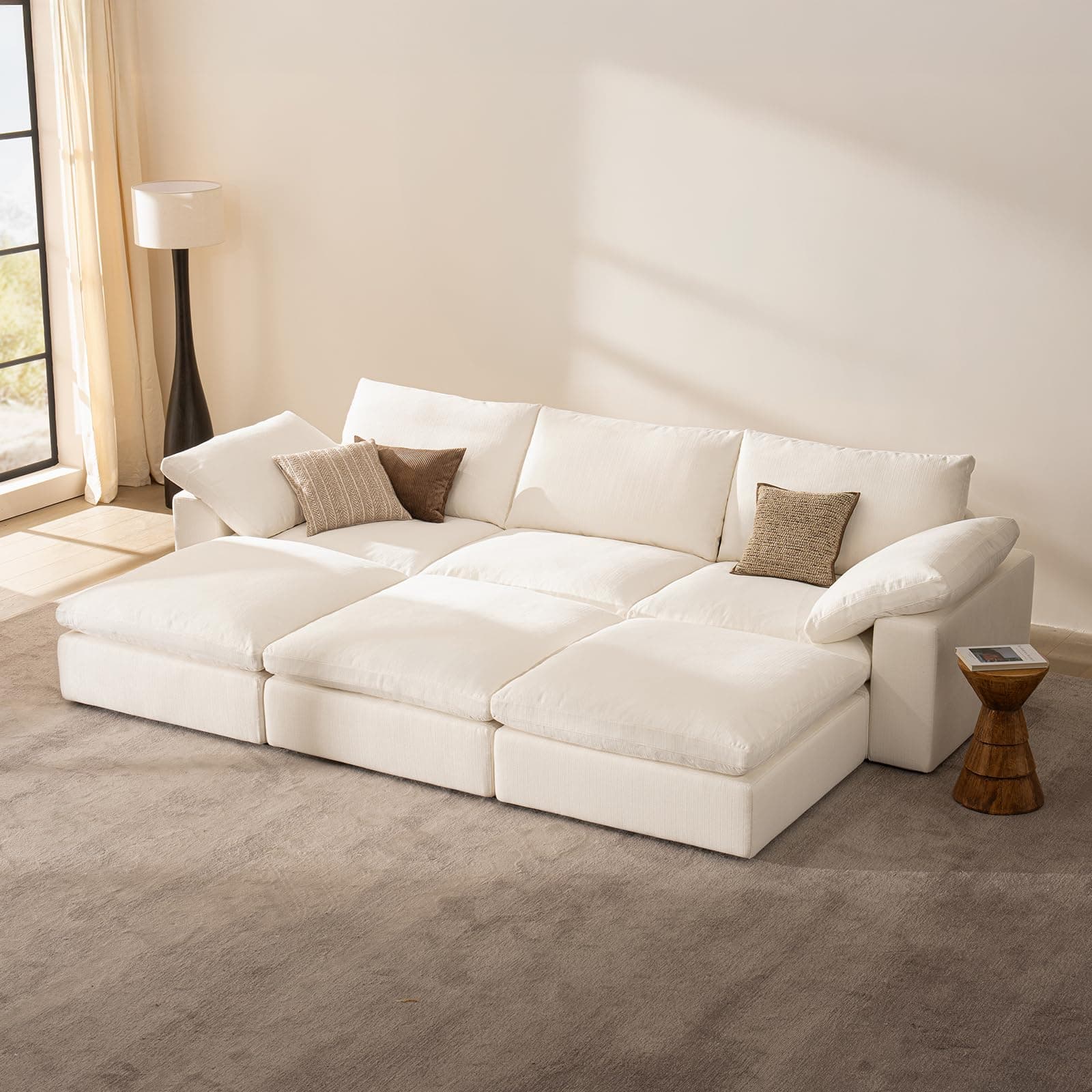 Vorthio Cloud Couch Oversized Modular Sectional Sofa True Relax Comfy Couches Wide&Deep Seat Sofas for Living Room Metal Frame Furniture Sets, 3 Seater with 3 Ottomans 110.2" Width - Cream