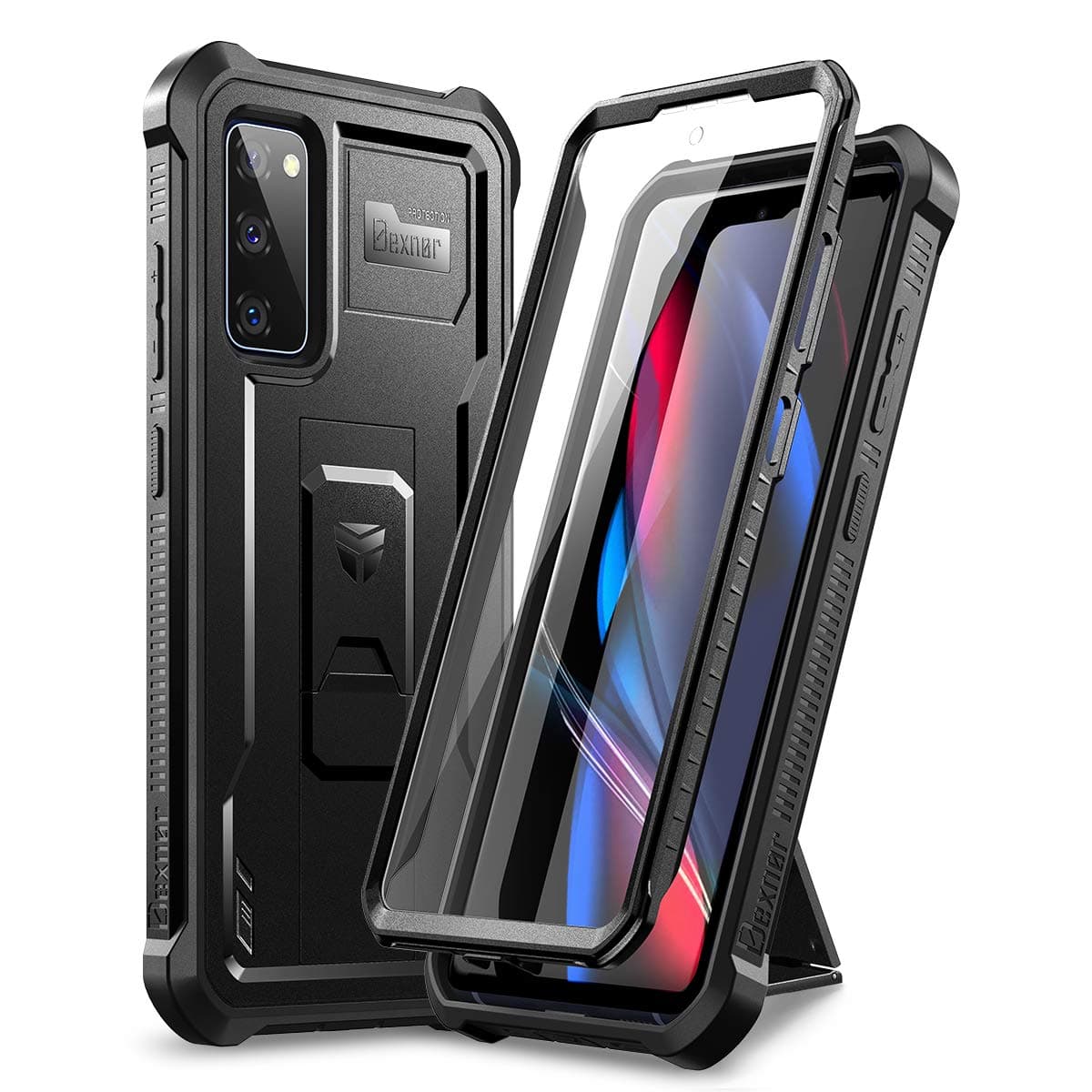 Samsung Galaxy S20 FE Case, Dexnor [Built-in Screen Protector and Kickstand] Heavy Duty Military Grade Protective Shockproof Protective Cover for Samsung Galaxy S20 FE 5G 6.5 Inch Black