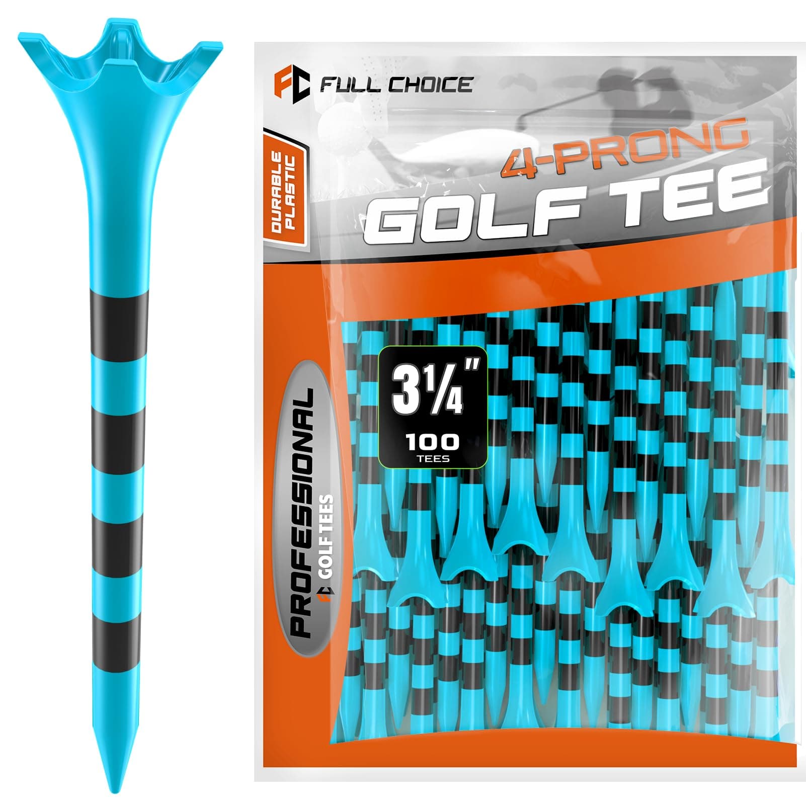 Full Choice100 Pack 3-1/4" Plastic Golf Tees, Enhanced Durability & Stability, Engineered to Minimize Friction and Side Spin(Blue)