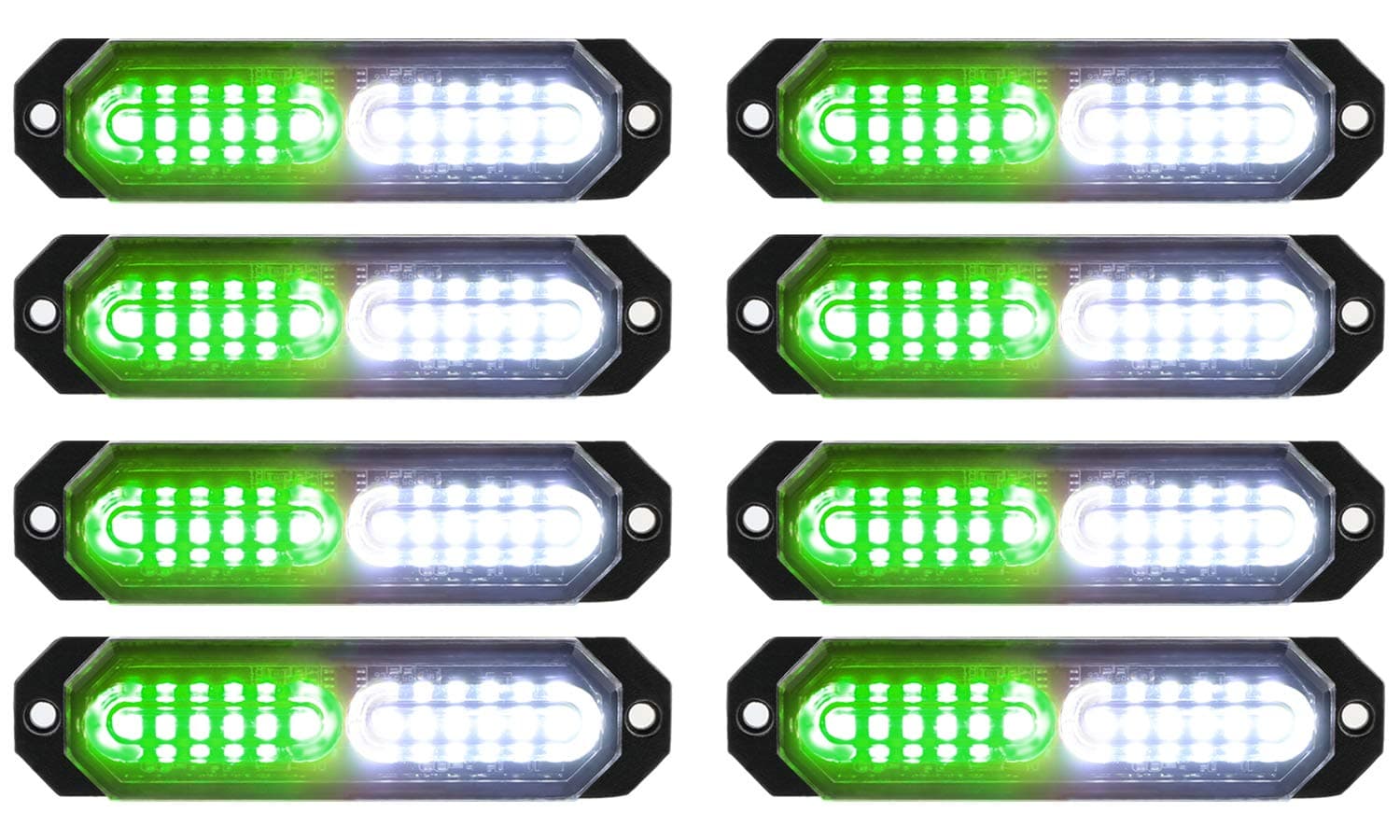 ASPL 8pcs Sync Feature Ultra Slim 12-LED Surface Mount Flashing Strobe Lights for Truck Car Vehicle LED Mini Grille Light Head Emergency Beacon Hazard Warning Lights (Green/White)