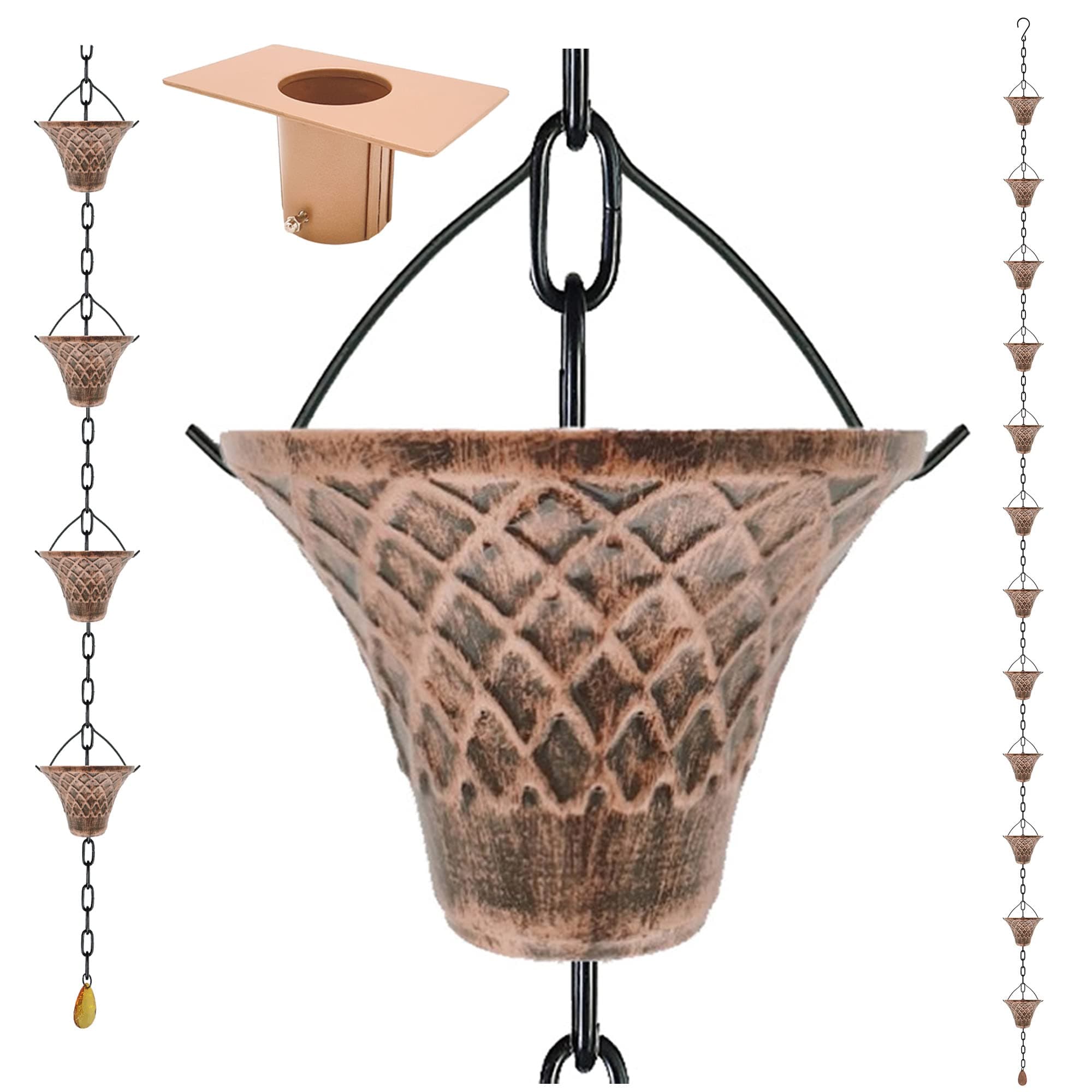 8.5FT Bell Iron Rain Chains for Gutter and Rain Barrel, Rust-Resistant Plated Garden Décor for Downspout, Bonus Rain Chain Gutter Adapter (Antique-Copper)