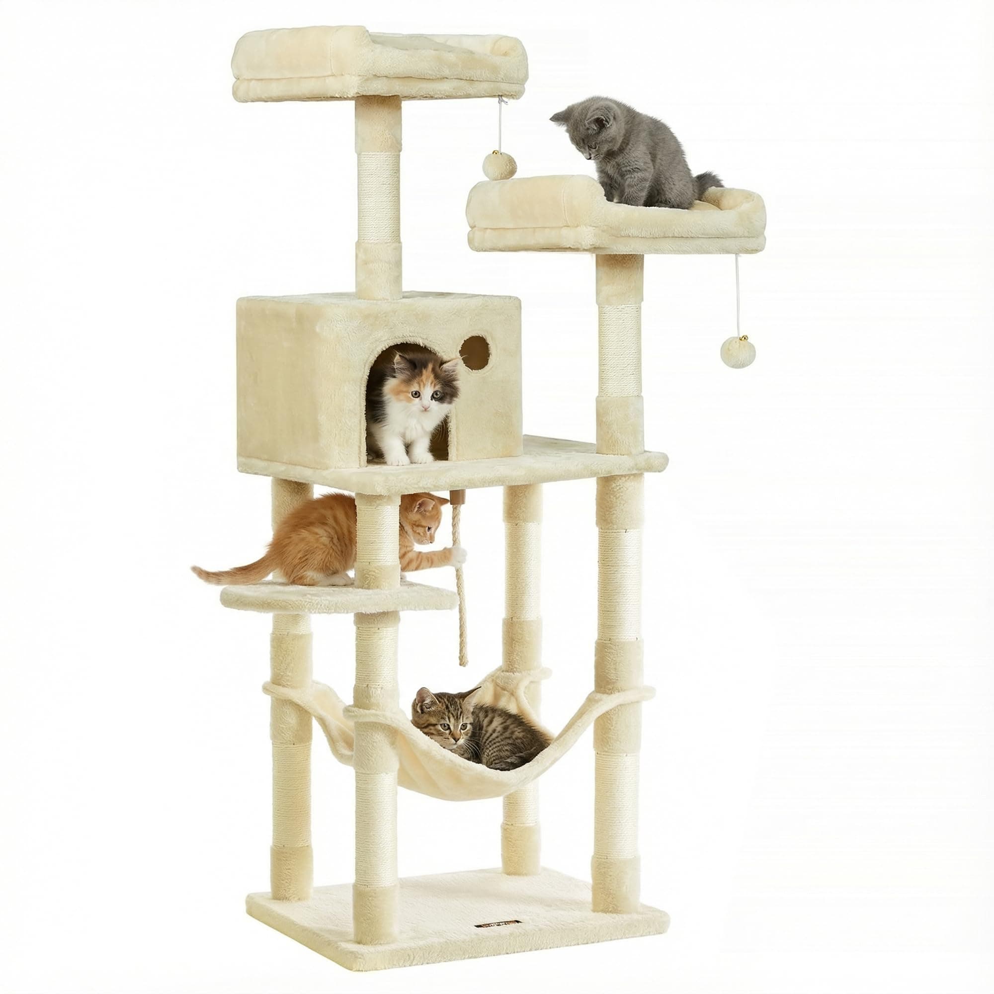 Cat Tree, 56.3-Inch Cat Tower, Multi-Level Plush Condo with 11 Scratching Posts, 2 Perches, Hammock, Cave, Beige UPCT15BE