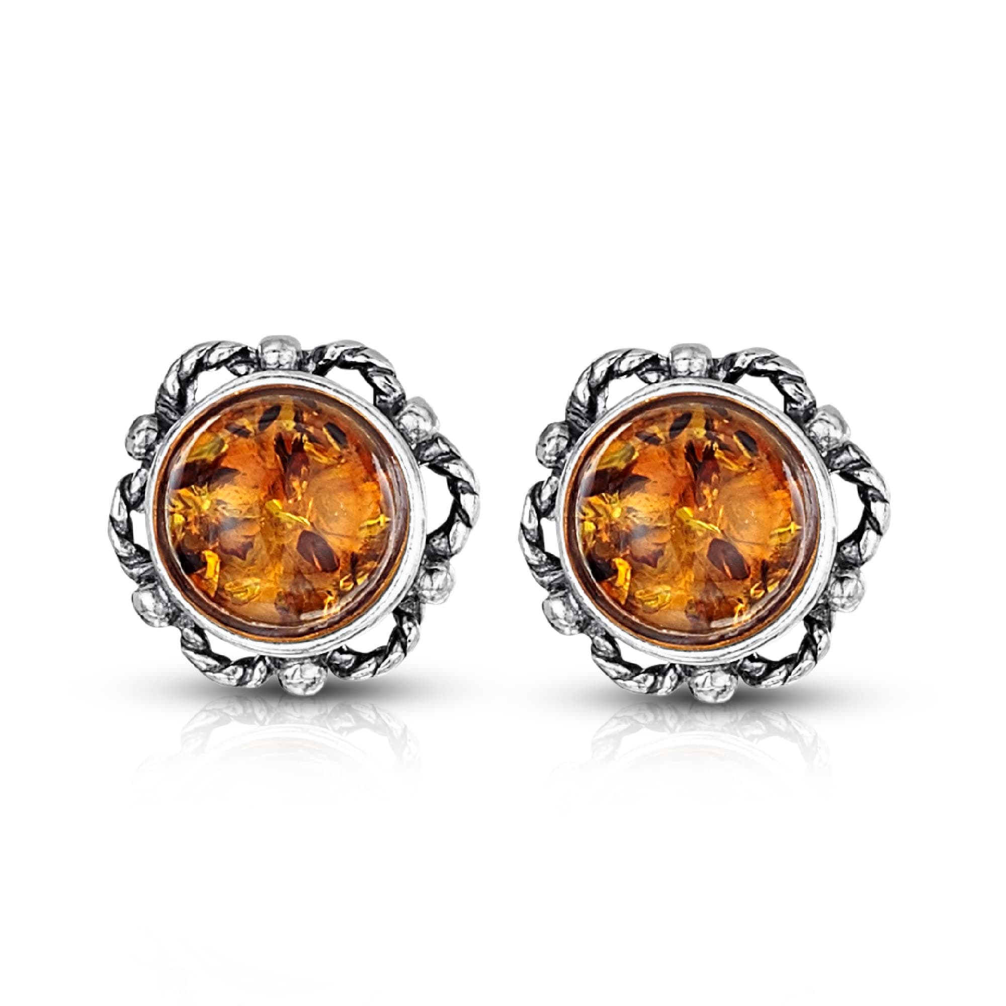 Amberta 925 Sterling Silver with Baltic Amber Gem Stone - Bloom Button Ball Stud Earrings