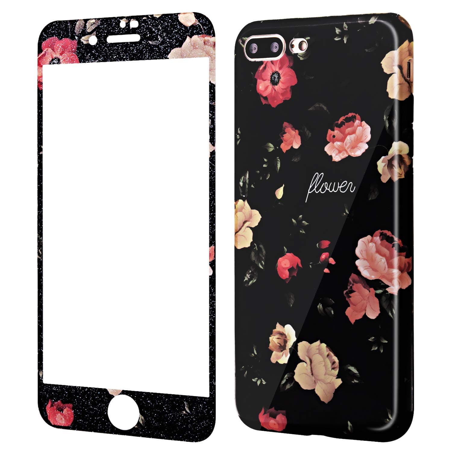 iPhone 8 Plus Case with Screen Protector, iPhone 7 Plus Case Floral, Wafly Silicone TPU Protective Cover with [9H Tempered Glass Screen Protector] Flower Pattern Bumper Case 5,5''-Camellia