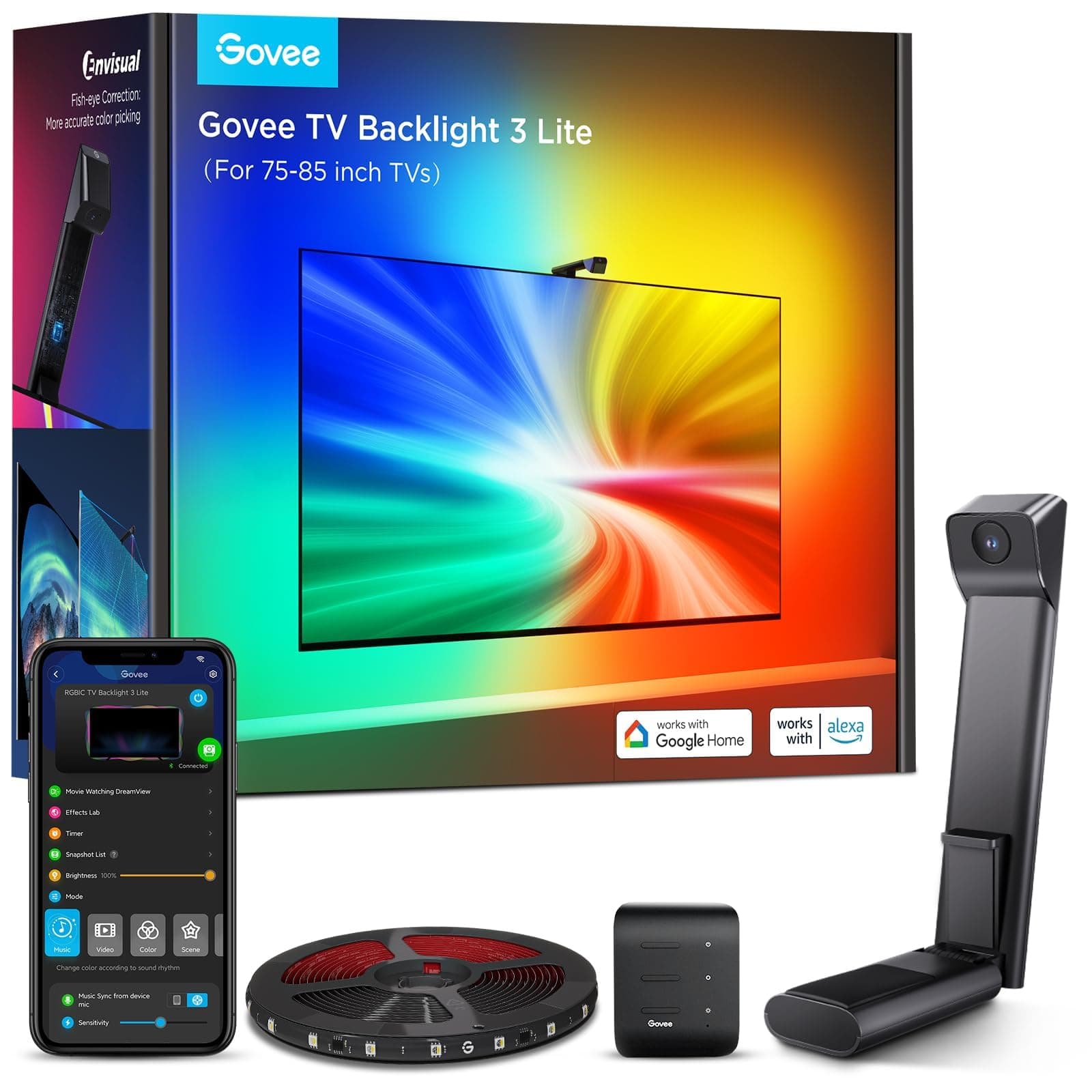 Govee TV Backlight 3 Lite with Fish-eye Correction Function Sync to 75-85 Inch TVs, RGBICW Wi-Fi TV LED Backlight with Camera, 4 colours in 1 Lamp Bead, Voice and APP Control, Adapter