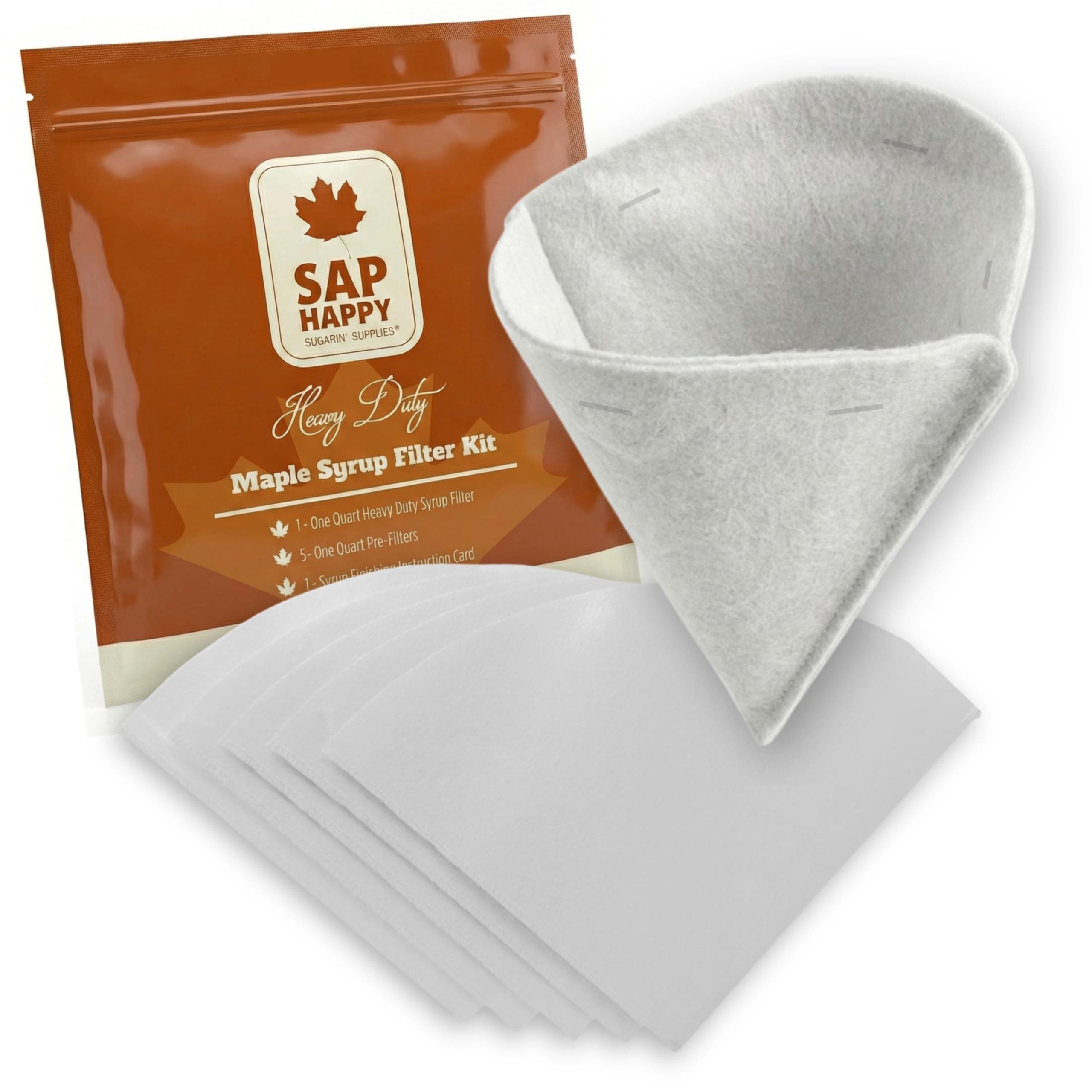 SAP HAPPY Maple Syrup Filter Kit — Orlon Cone Filter & 5 Pre Filters for Finishing Maple Sap, Reusable Heavy-Duty Synthetic Strainer Set, Removes Sugar Sand & Niter, Includes How-To Guide