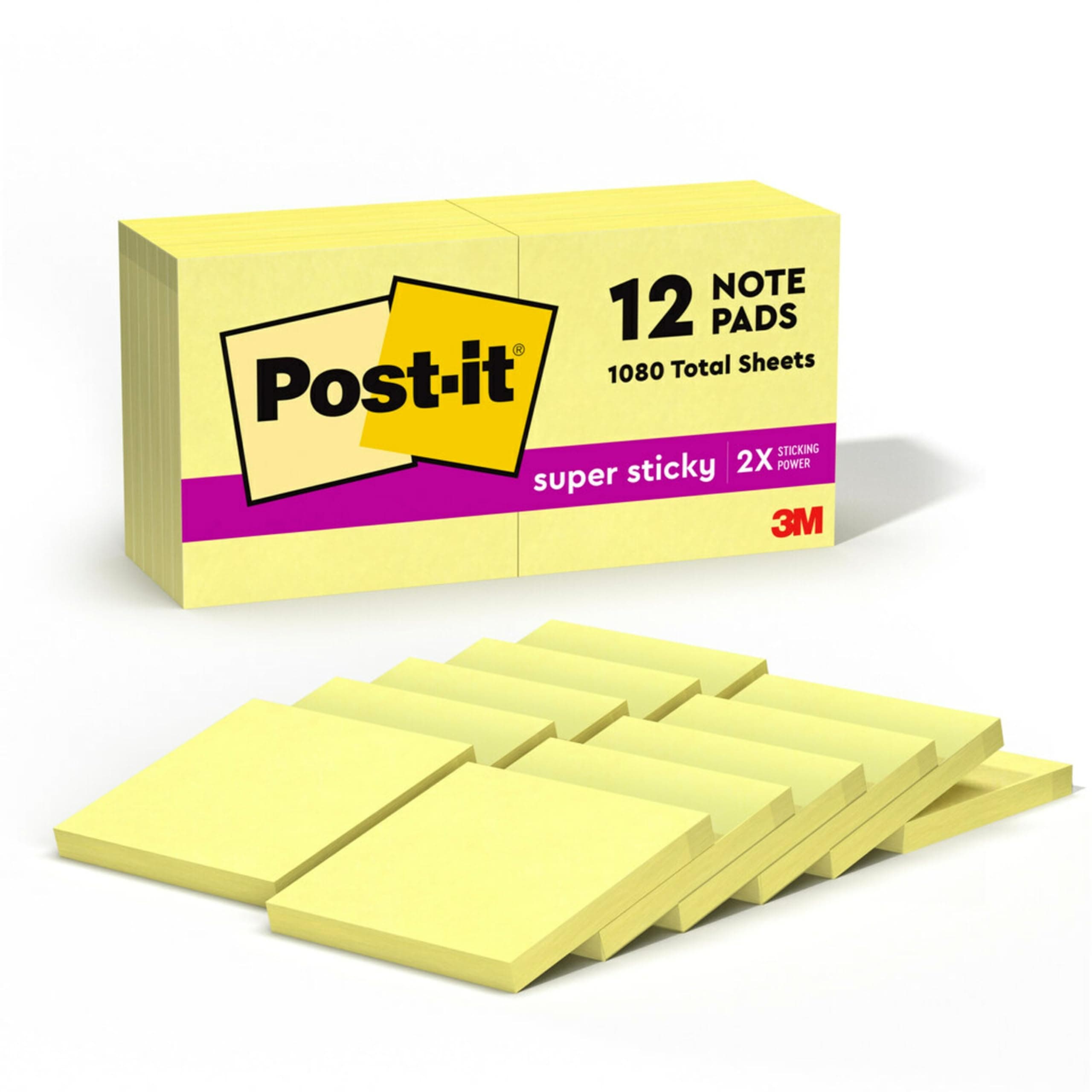 Post-it Super Sticky Notes, 1080 Sheets, Value Pack of 12 Pads, 76 mm x 76 mm - Holds Strong to Many Surfaces - Canary Yellow - for Walls, Monitors and Fridge, Recycable