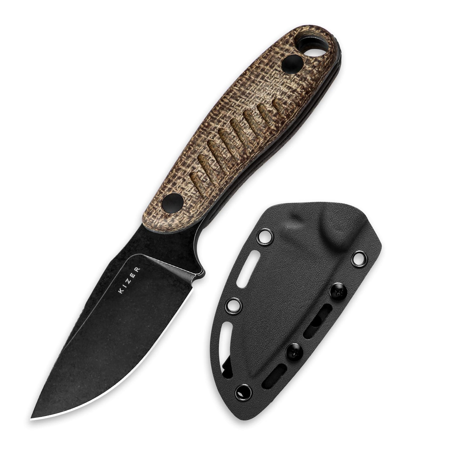 Kizer Hare Fixed Blade Knife with Sheath, 3.14" D2 Steel Blade EDC Hunting Knife with Burlap Micarta and Black G10 Handle, Small Survival Knives, Outdoor Camping Knives for Men Women 1077M3