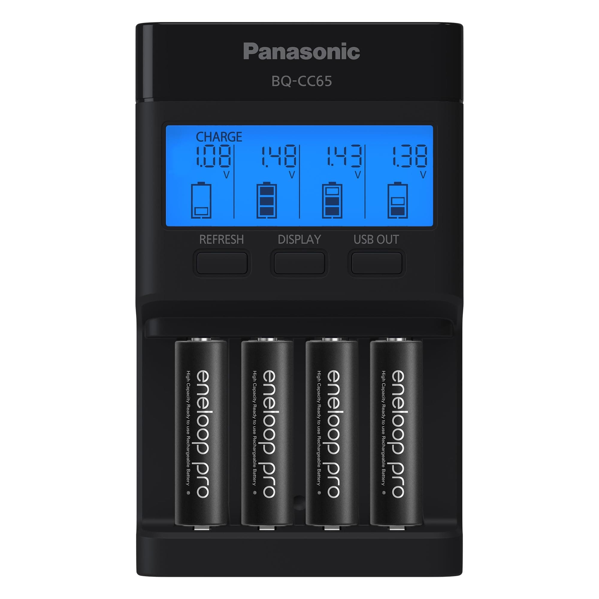 K-KJ65KHA4BA Super Advanced 4-Position Quick Charger with LCD Indicator Panel, USB Charging Port and 4AA eneloop pro Rechargeable Batteries, Black