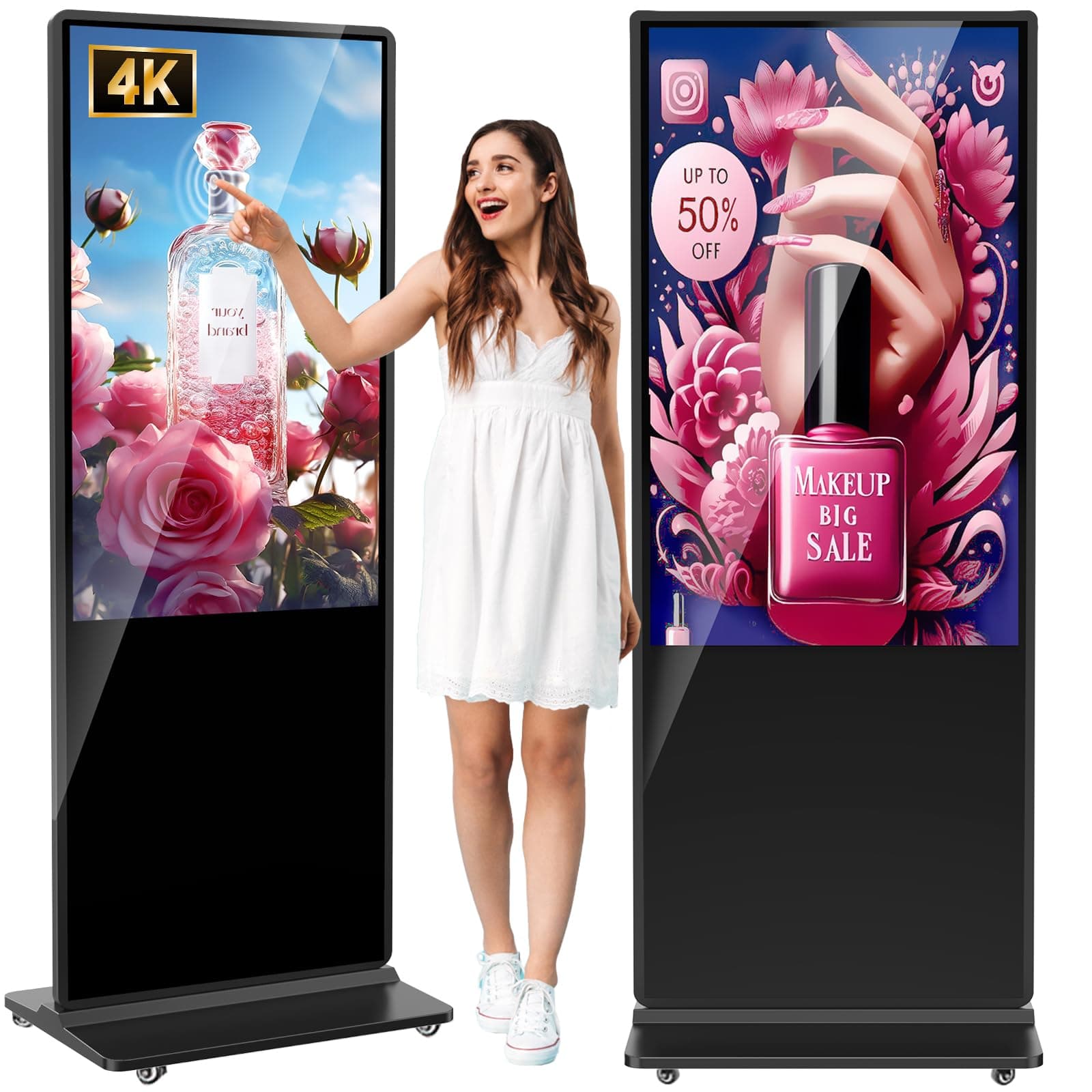 55 inch Indoor Digital Signage 4K Touchscreen,CMS Software,IPS Floor Standing Digital Kiosks Interactive Displays with WiFi HDMI/USB Input Auto AD Player, Android OS Black