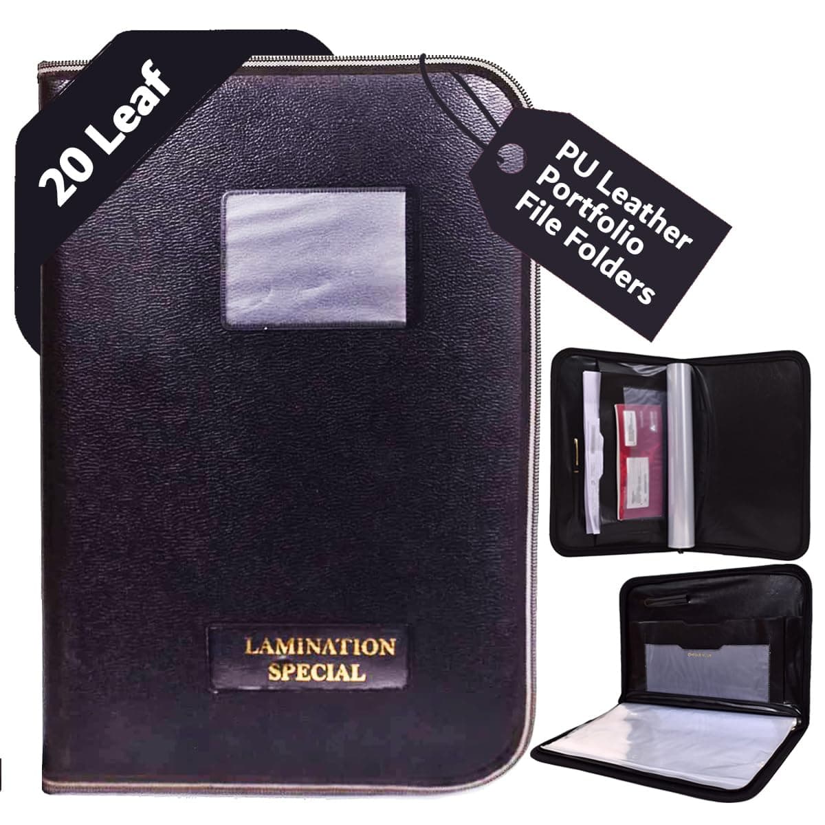FUTURE X PU Leather 20-Leaf File Folder,Interview Portfolio Professional Files,Zipped File Folders,and Document Holder File Organiser Leaf Certificate File Holder,Bag(Plain Black Portfolio_Pack of 1)