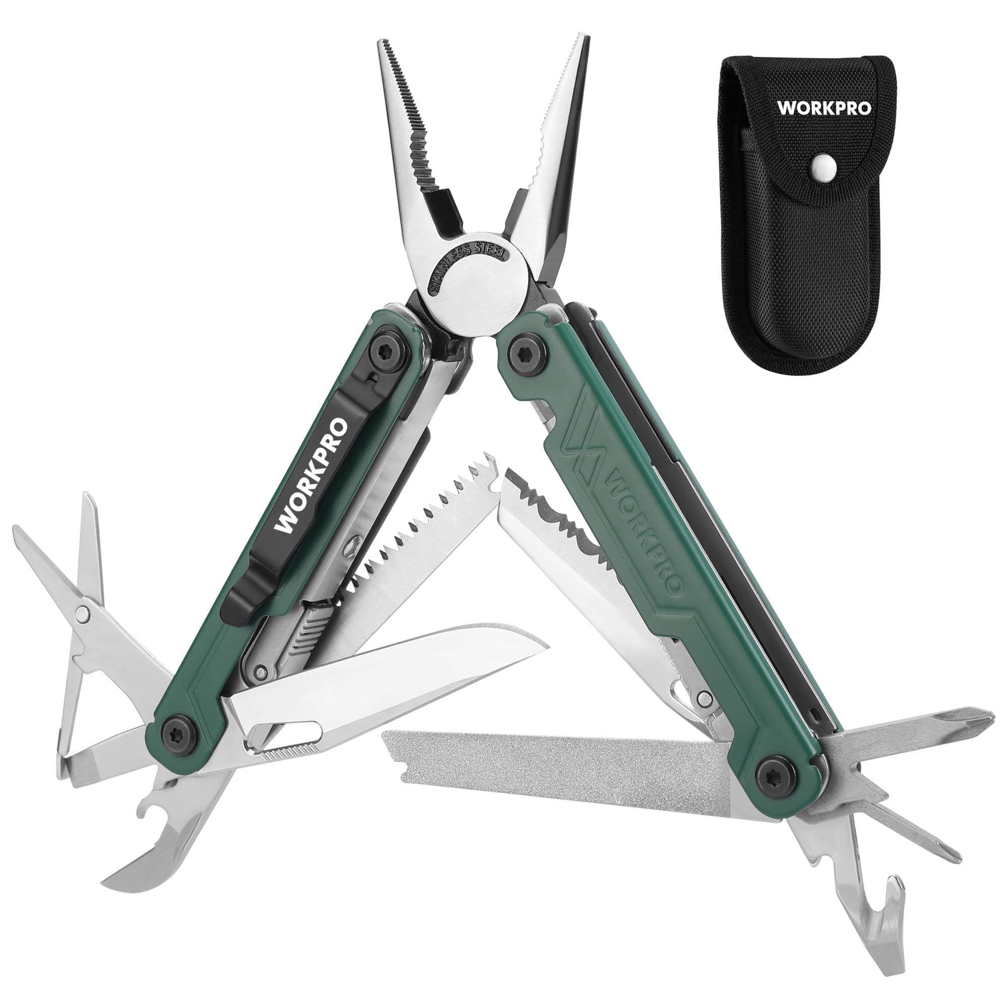 WORKPRO Multi-Function Pliers Outdoor Multi-Tool Multi-Pliers 18-in-1 Foldable Pliers, Wire Cutter, Saw, File, Screwdriver, Can Opener with Lock Function, Includes Pouch, For Camping, Fishing