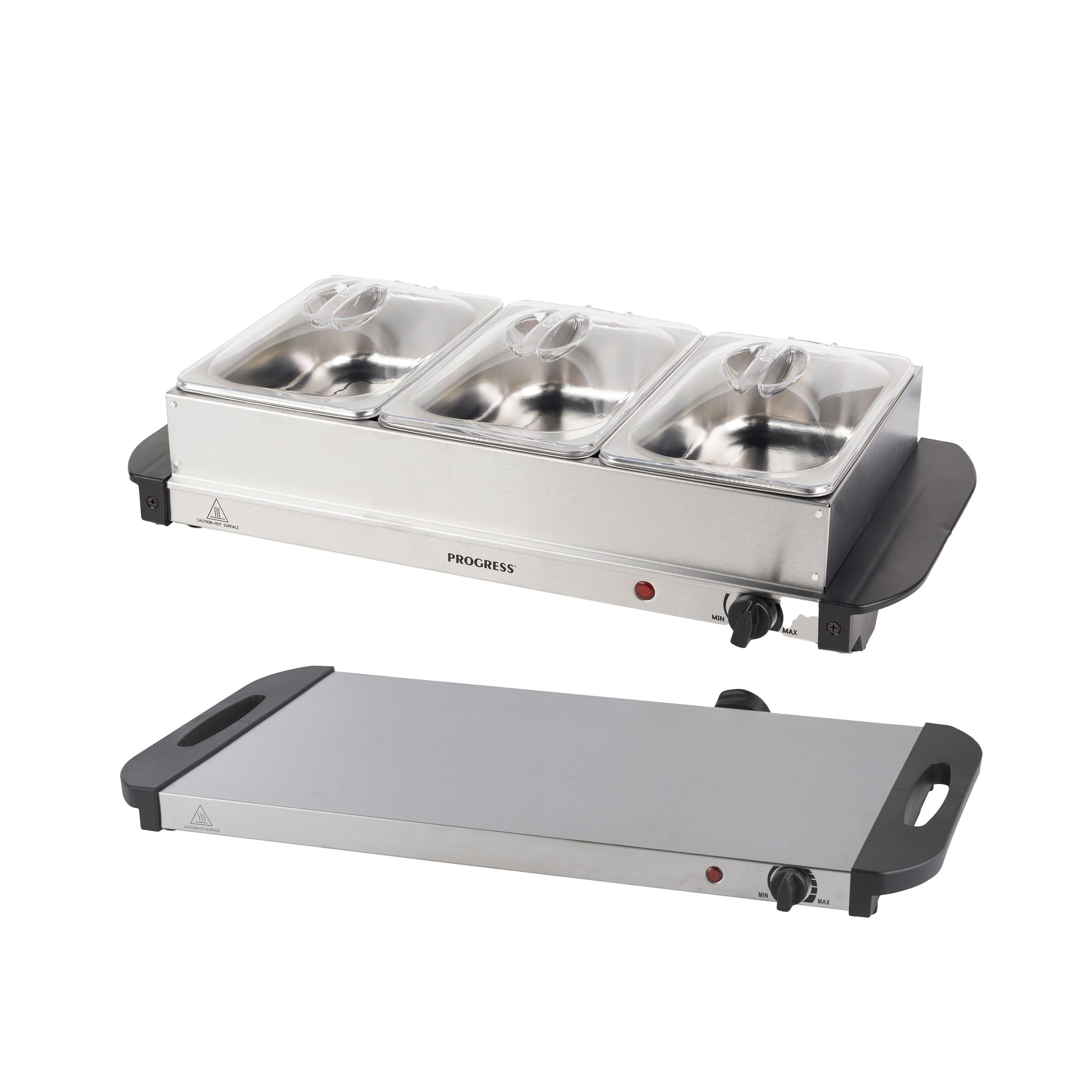 Progress EK3664P Electric Buffet Server - 3 Pan Hot Plate, 3 x 1.5L Removable Sections And Lids, Food Warmer Tray, 200W Portable Chafing Dish, Adjustable Temperature, Bain Marie, Catering Serving Tray