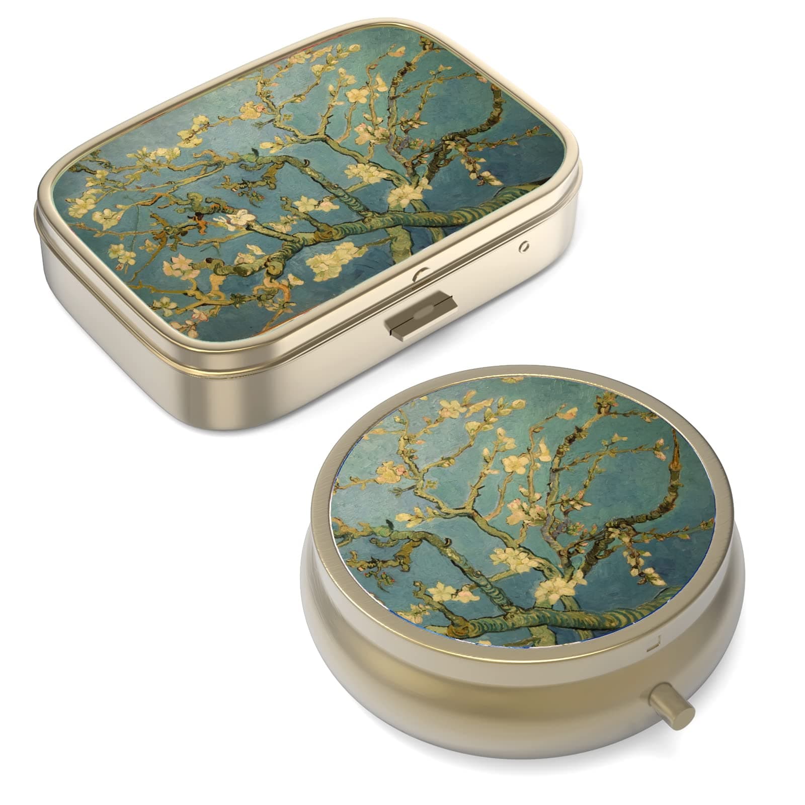 Pill Case Pill Box with Mirror Retro Small Pill Case for Purse or Pocket Bronze Pill Box or Vitamins, Fish Oil, Supplements, Pill Containe Travel Gifts（2PCS）