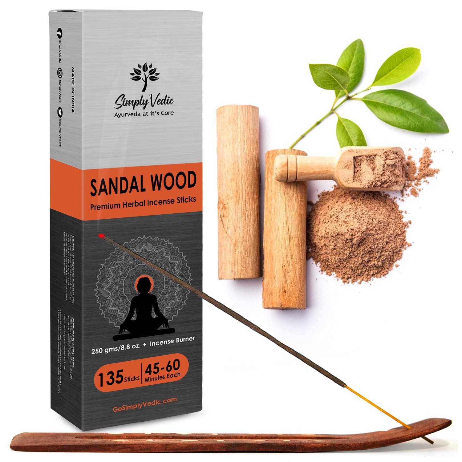 Sandalwood Incense Sticks 250g (Approx. 135 Handmade Sticks) with Free Holder | 45 Min Burn | Natural Charcoal-Free Agarbatti for Meditation, Yoga, Aromatherapy, Relaxation