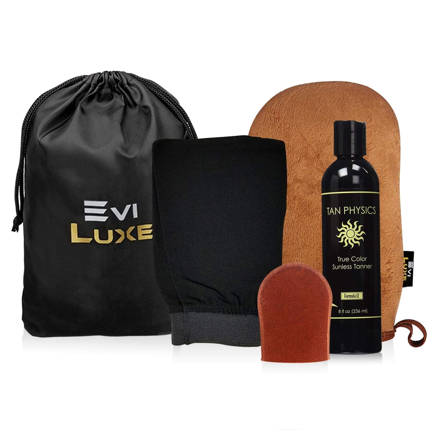 Tan Physics & EviLuxe Deluxe Tanning Mitt Bundle (5pcs) – Face & Body Tanner Mitts, Exfoliation Glove, Storage Bag & 8oz True Color Sunless Tanning Lotion – For Flawless Sun Kissed Skin All Year Long