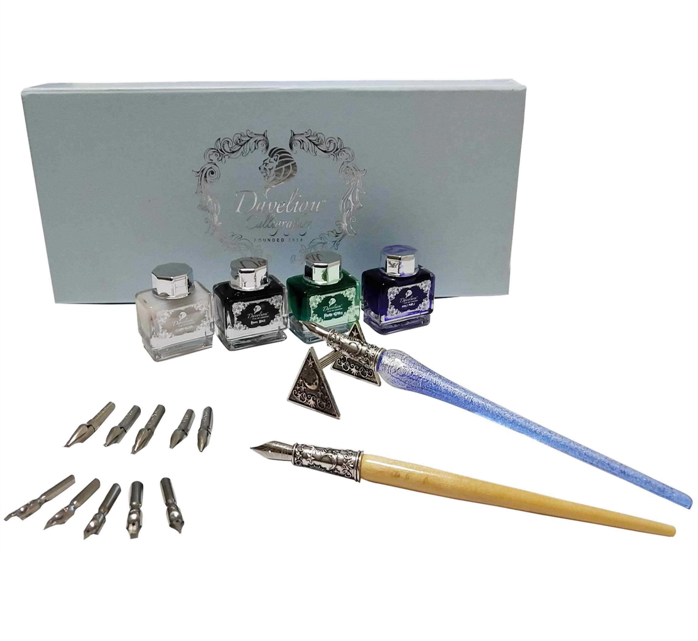 19-Piece Wizard Calligraphy Set for Beginners and Professionals, Creates Clean and Smooth Lines, Calligraphy Kit Includes Pens, Inks, Nibs, and Case (Blue & Silver)