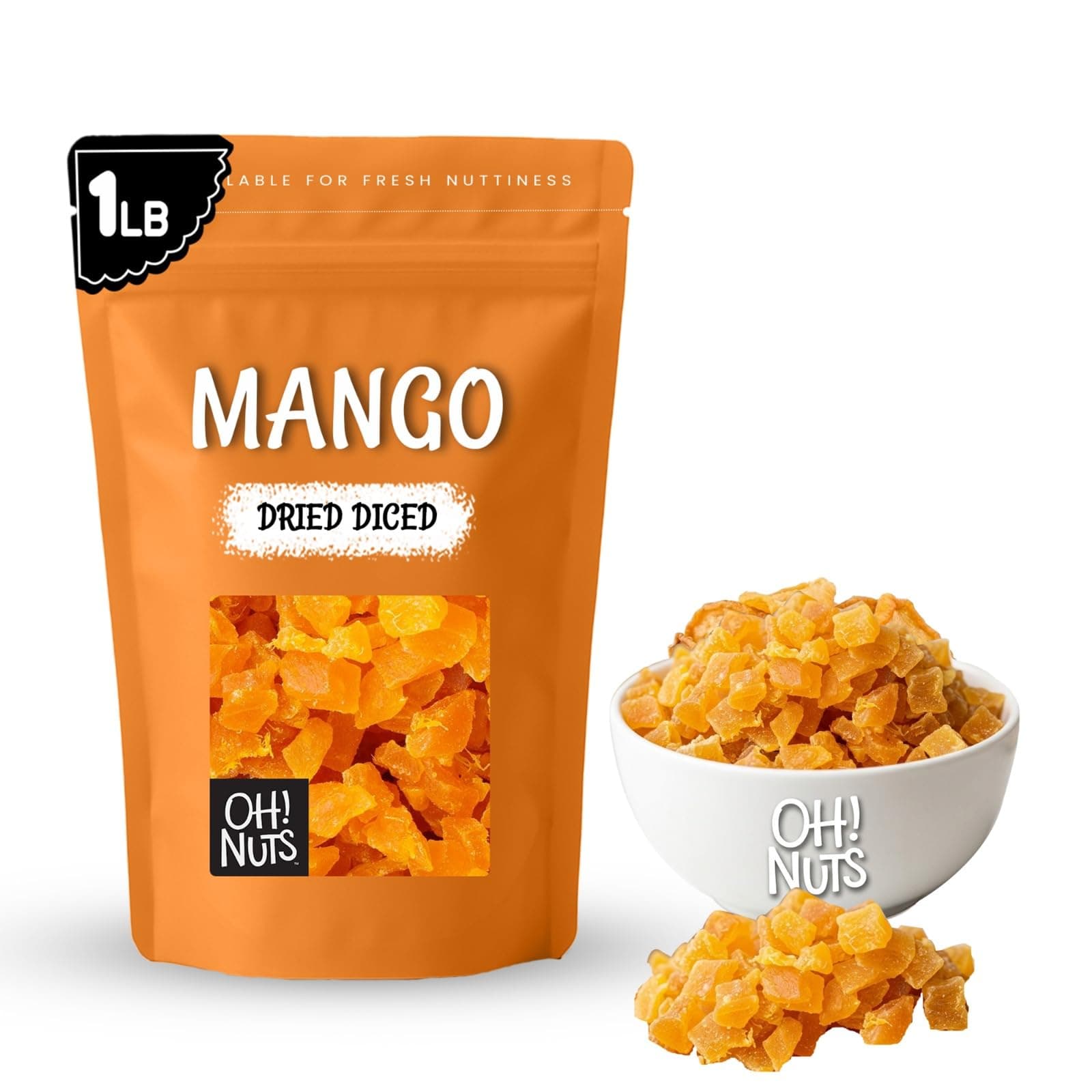 Oh! Nuts Diced Dried Mango - Dehydrated Mango Pieces - 1 lb - Sweetened Diced Mango Fruit Bites - Packed in New York Zip-Seal Bag for Exceptional Freshness