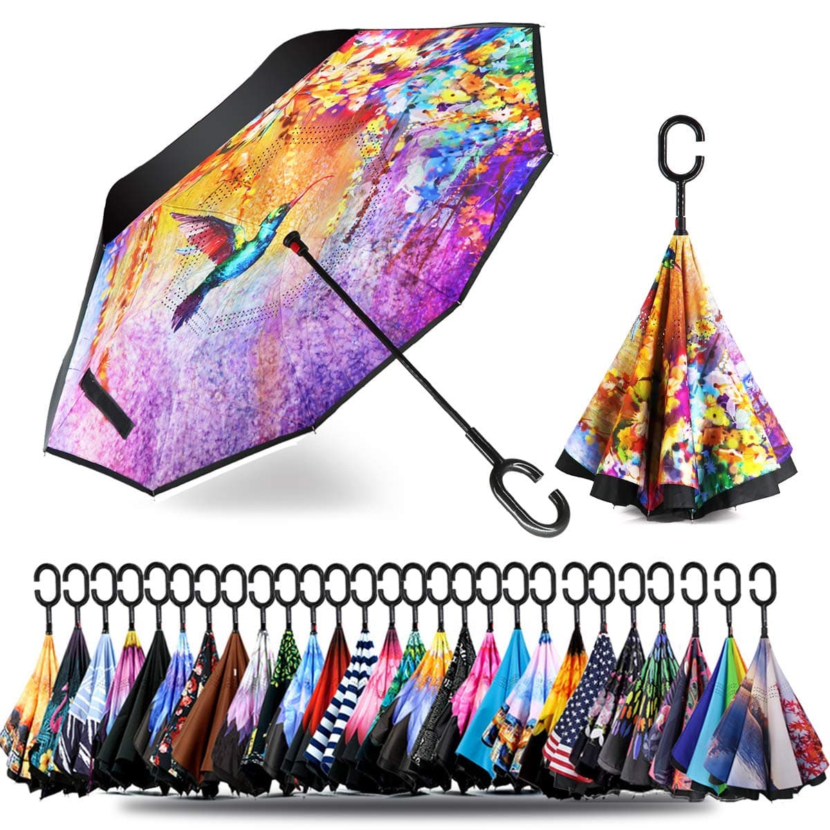 49/56 Inch Inverted Reverse Upside Down Umbrella, Extra Large Double Canopy Vented Windproof Waterproof Stick Golf Umbrellas with C-shape Handle.
