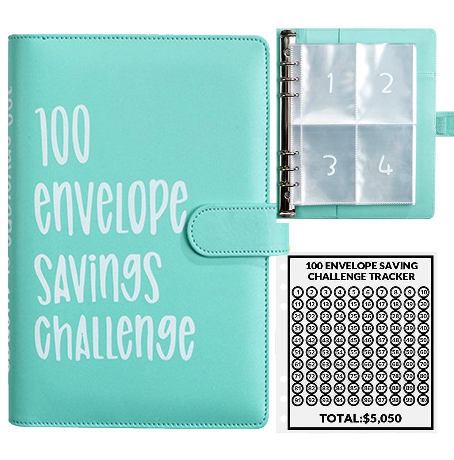 100 Envelopes Money Saving Challenge, 100 Envelope Challenge Binder, Easy and Fun Way to Save $5,050, Savings Challenges Budget Book Binder with Cash Envelopes for Office,Home,School (Green)